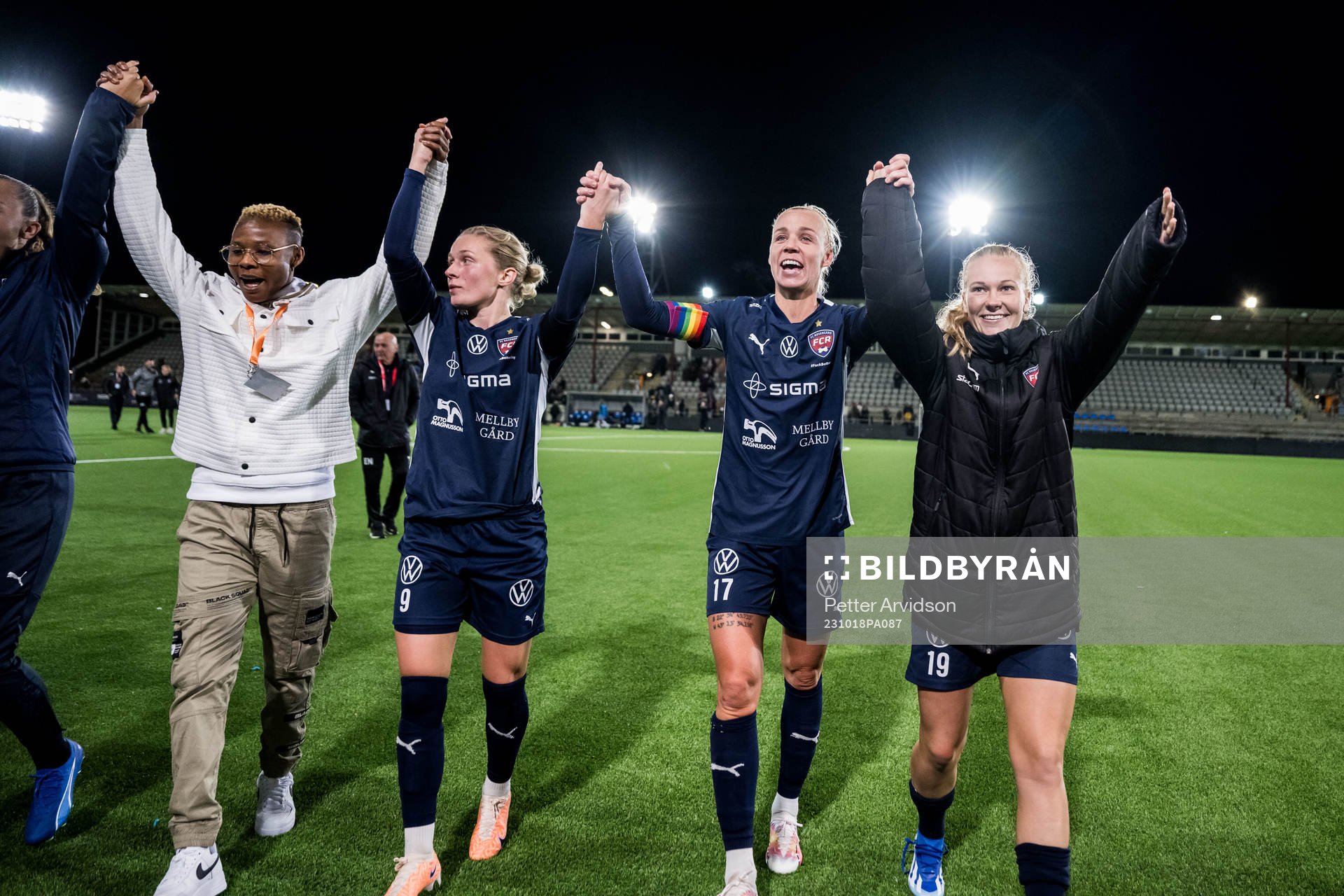 Emilia Larsson, Caroline Seger and Sofie Bredgaard of Rosengård celebrates after the UEFA Women's Champions League qualifying match between FC Rosengård and Spartak Subotica on October 18, 2023 in Malmö.