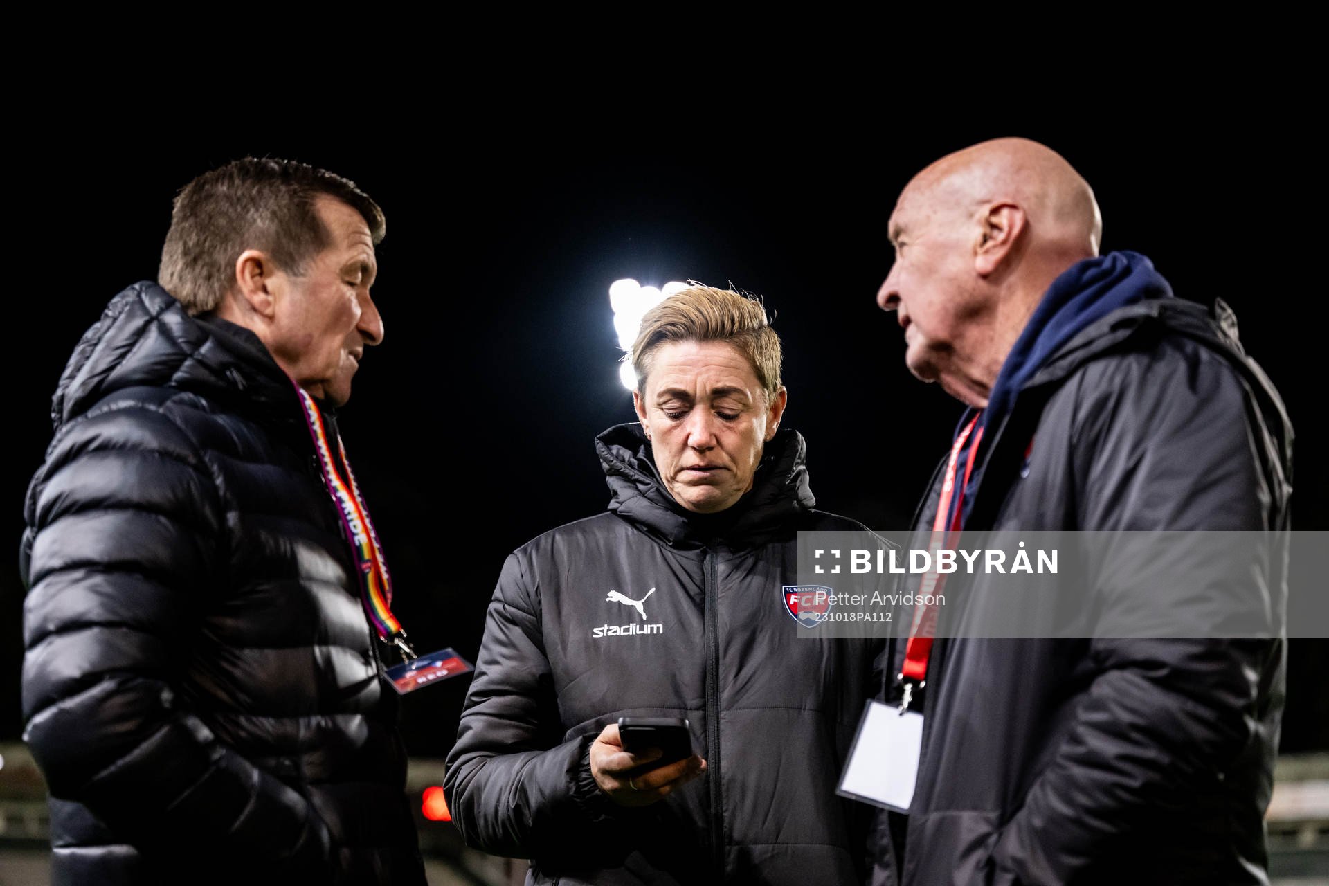 Chairman Håkan Wifvesson and Sports director Therese Sjögran and Erling Nilsson of FC Rosengård after the UEFA Women's Champions League qualifying match between FC Rosengård and Spartak Subotica on October 18, 2023 in Malmö.