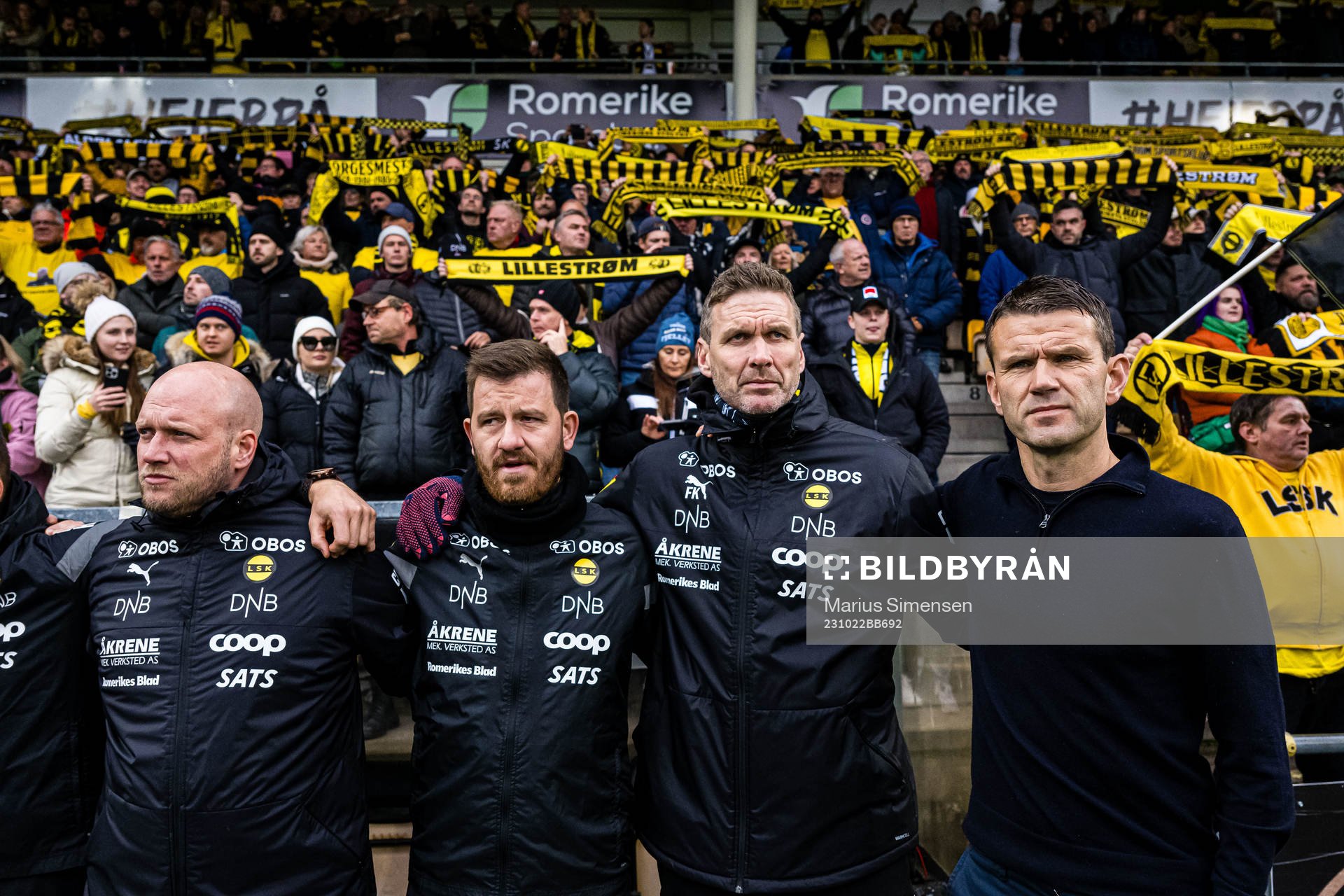 Marius Bøe, assistant coach of Lillestrøm,, Frode Kippe of Lillestrøm and Eirik Bakke, head coach of Lillestrøm, ahead of the Eliteserien match between Lillestrøm and Vålerenga on October 22, 2023 in Lillestrøm.