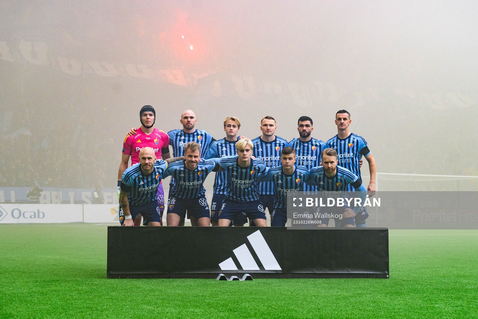 Djurgårdens startelva innan fotbollsmatchen i Allsvenskan mellan Djurgården och Hammarby den 22 oktober 2023 i Stockholm. 