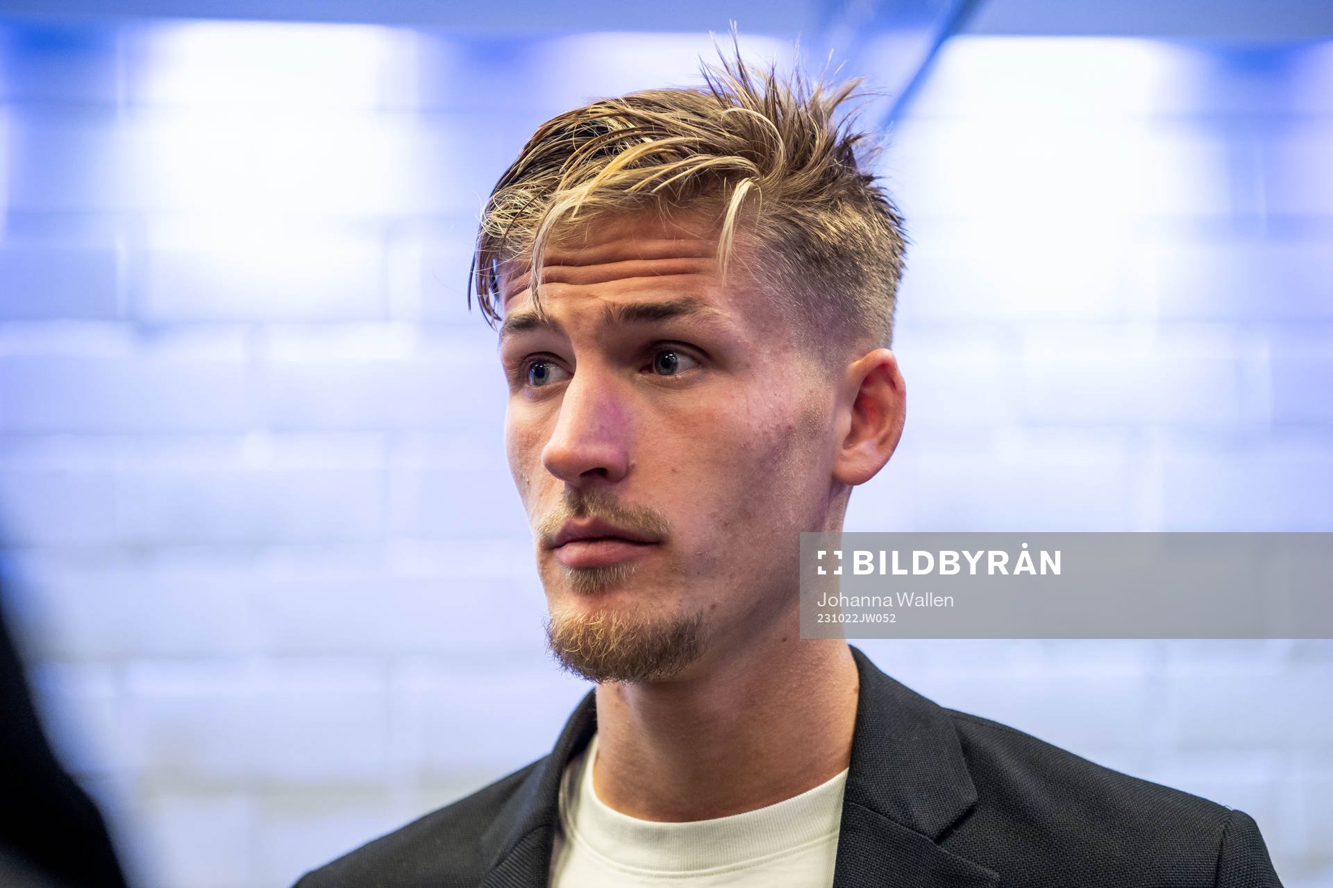 Hammarbys Fredrik Hammar i mixade zonen efter fotbollsmatchen i Allsvenskan mellan Djurgården och Hammarby den 22 oktober 2023 i Stockholm. 