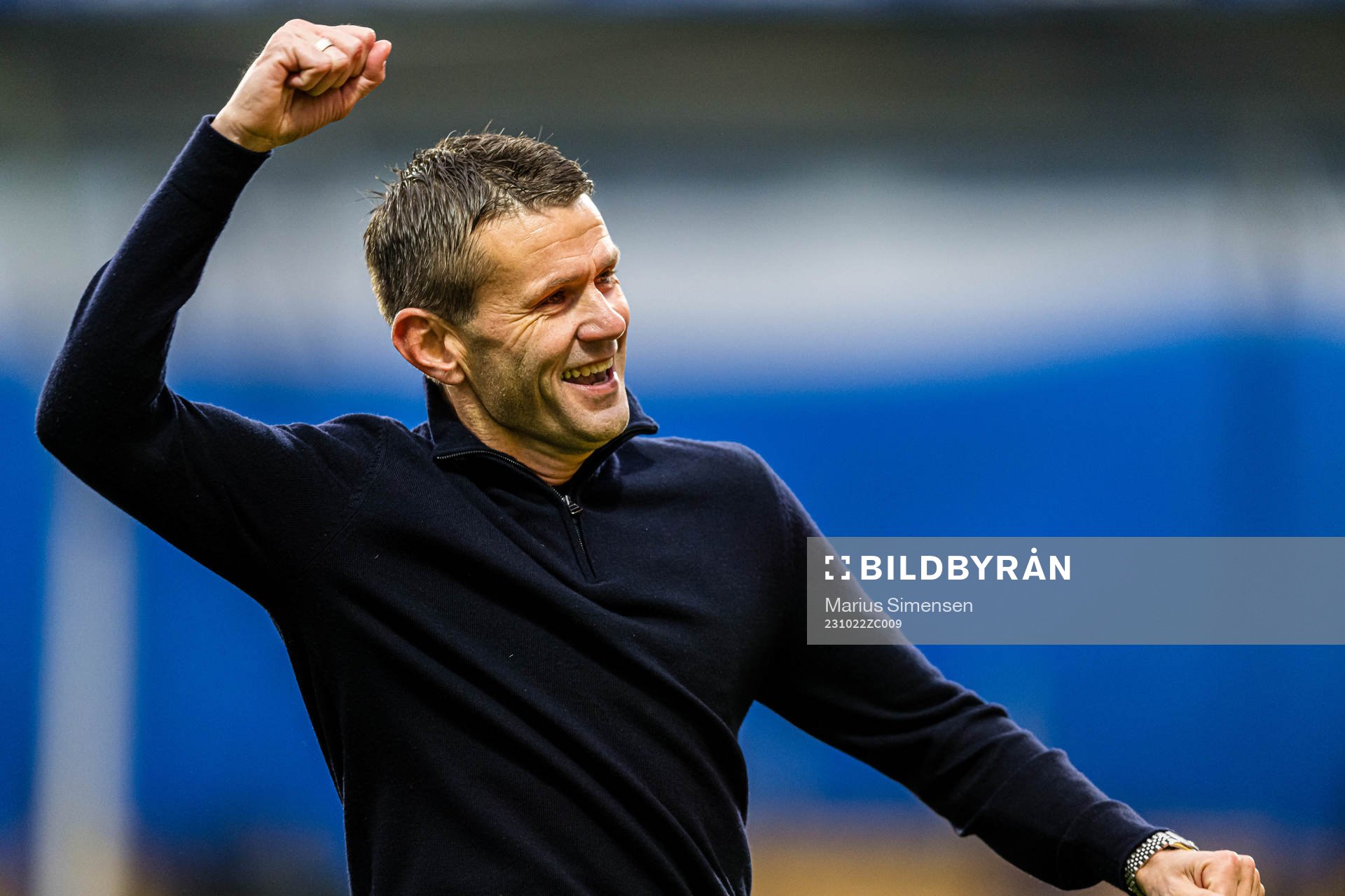 Eirik Bakke, head coach of Lillestrøm, celebrates after the Eliteserien match between Lillestrøm and Vålerenga on October 22, 2023 in Lillestrøm.