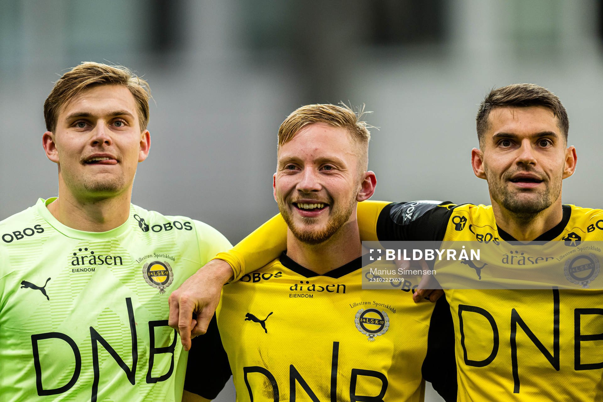 Mads Hedenstad Christiansen, Eskil Edh and Ylldren Ibrahimaj of Lillestrøm after the Eliteserien match between Lillestrøm and Vålerenga on October 22, 2023 in Lillestrøm.