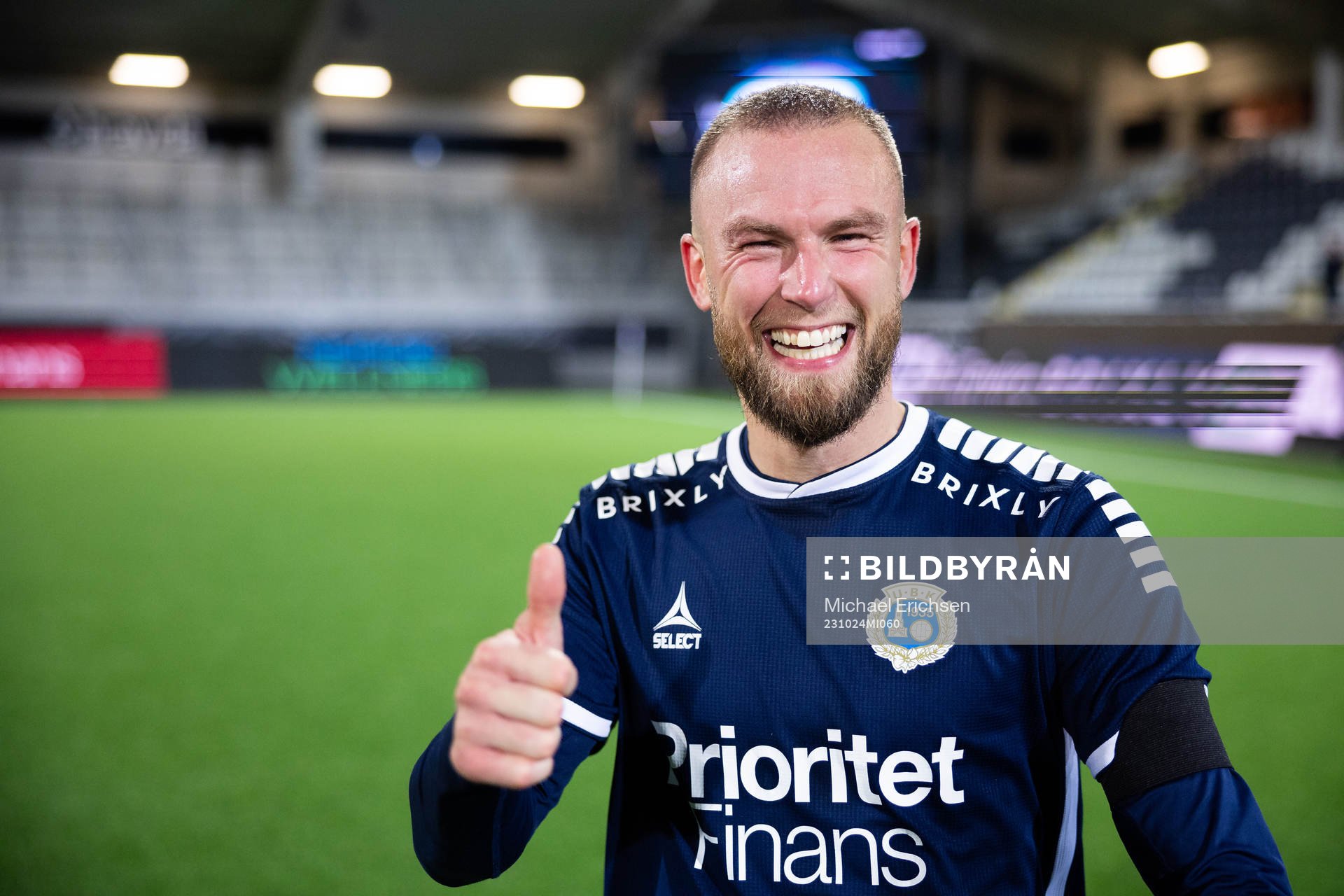 Utsiktens Alexander Faltsetas jublar efter fotbollsmatchen i Superettan mellan Utsikten och Öster den 24 oktober 2023 i Göteborg. 