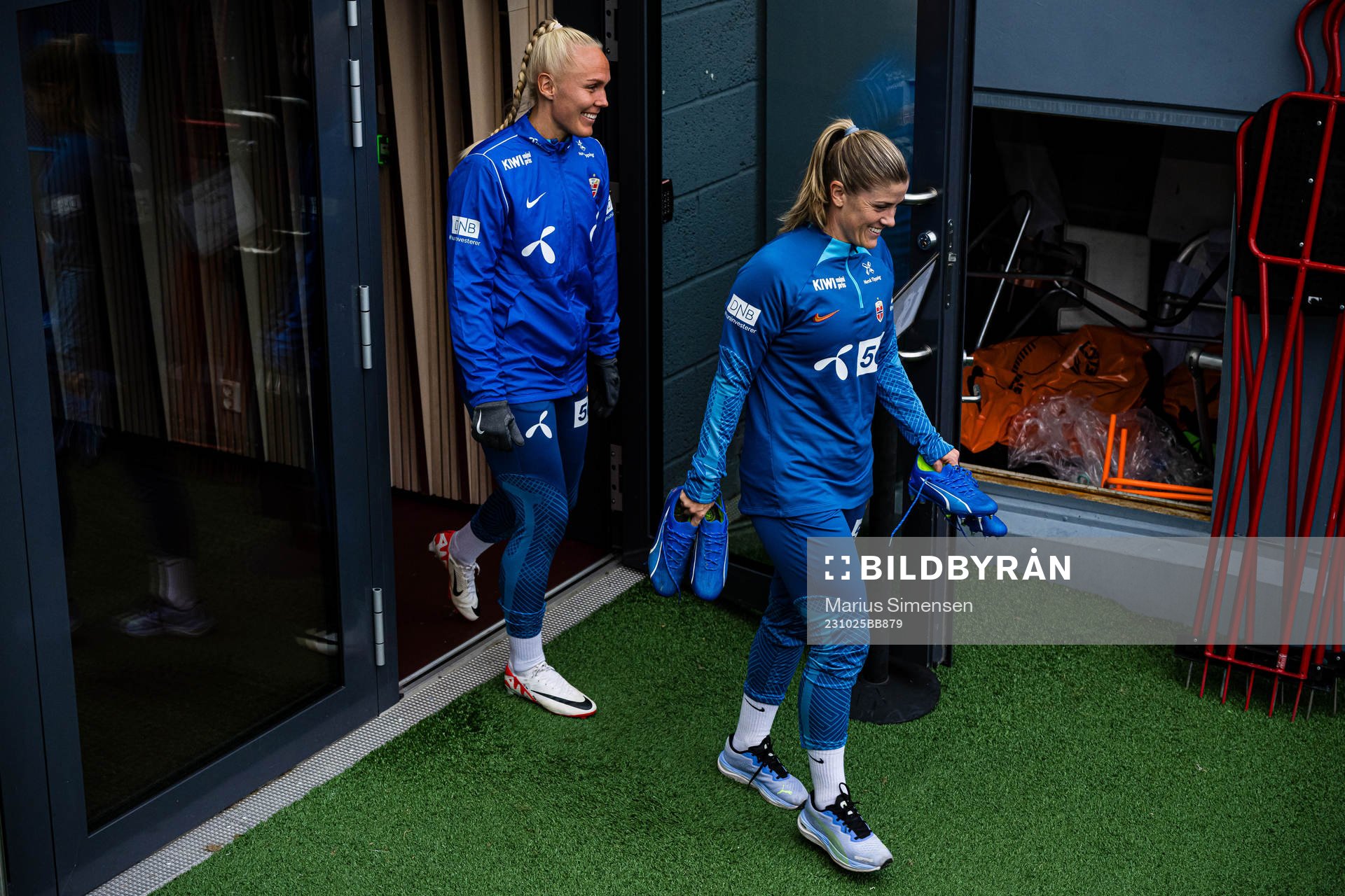 Maria Thorisdottir and Maren Mjelde of the Norwegian