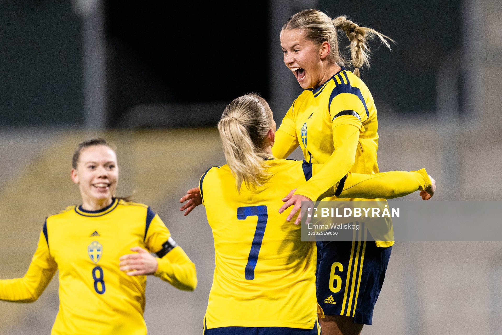 Sara Frigren and Tuva Skoog of Sweden celebrates after 1-0 during the UEFA Women's Under-19 Euro Qualifier football match between Sweden and Portugal on October 25, 2023 in Västerås.