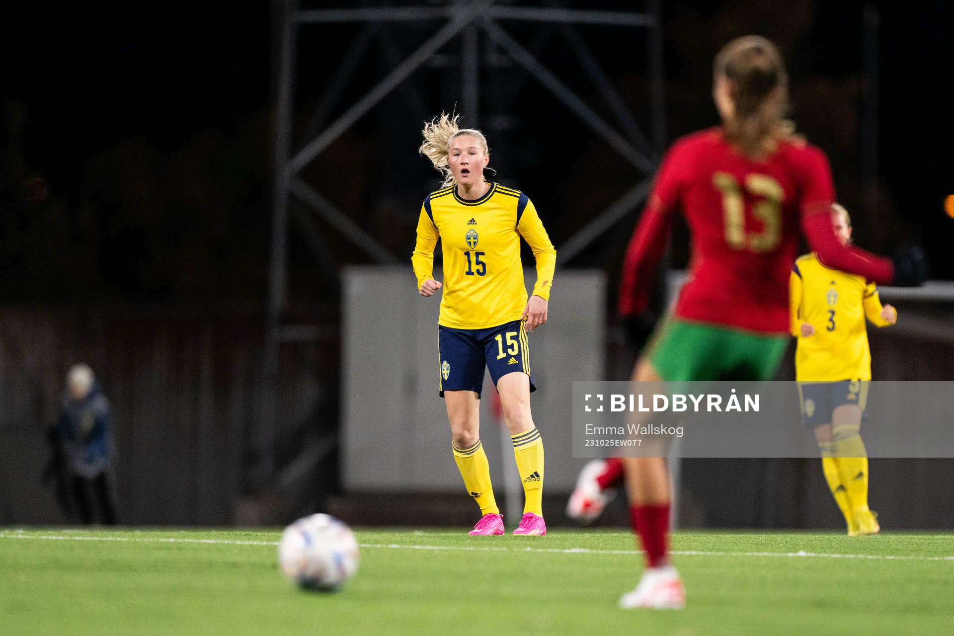 Alexandra Larsson of Sweden during the UEFA Women's Under-19 Euro Qualifier football match between Sweden and Portugal on October 25, 2023 in Västerås.