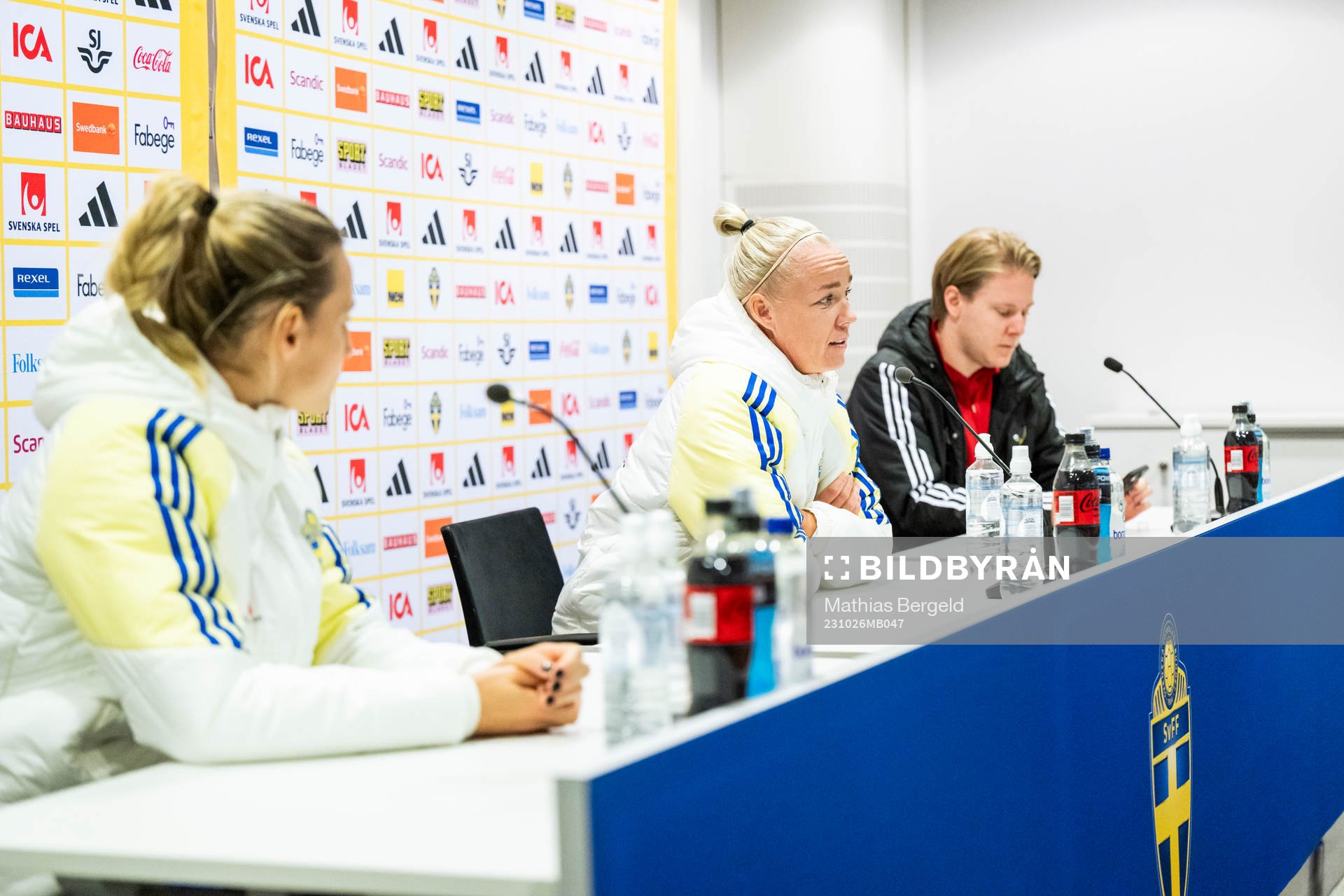 Nathalie Björn, Caroline Seger and press officer Fredrik