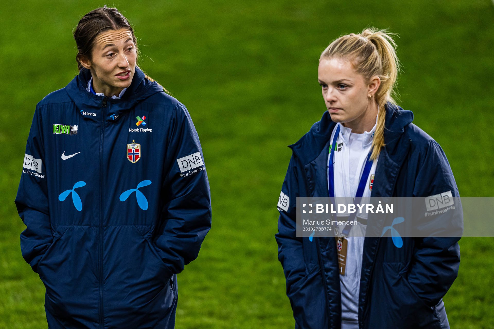 Goalkeeper Cecilie Fiskerstrand and Guro Pettersen of Norway arrives ahead of the UEFA Women’s Nations League football match between Norway and France on October 27, 2023 in Oslo.
