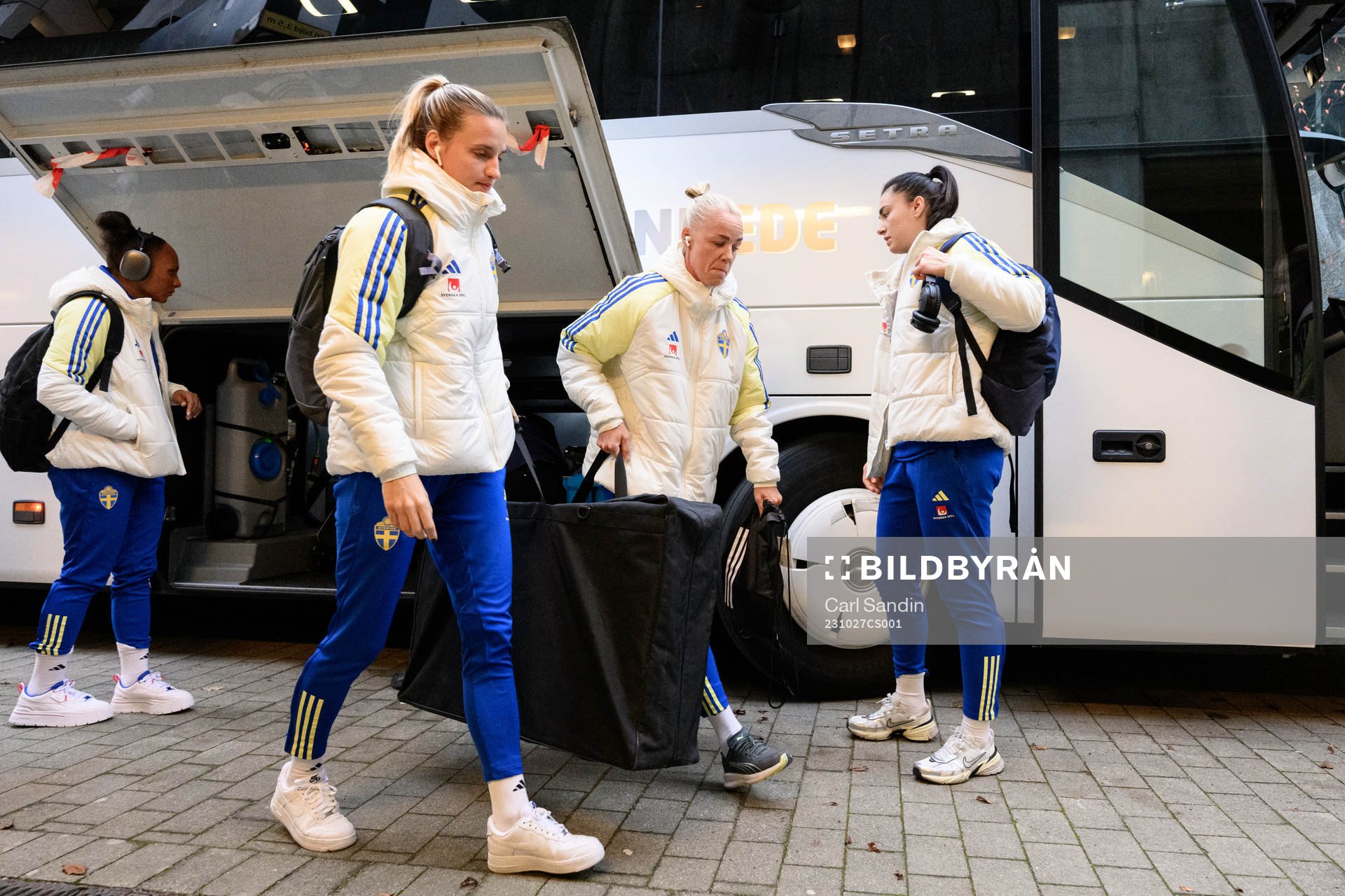 Nathalie Björn and Caroline Seger of Sweden arrives at the