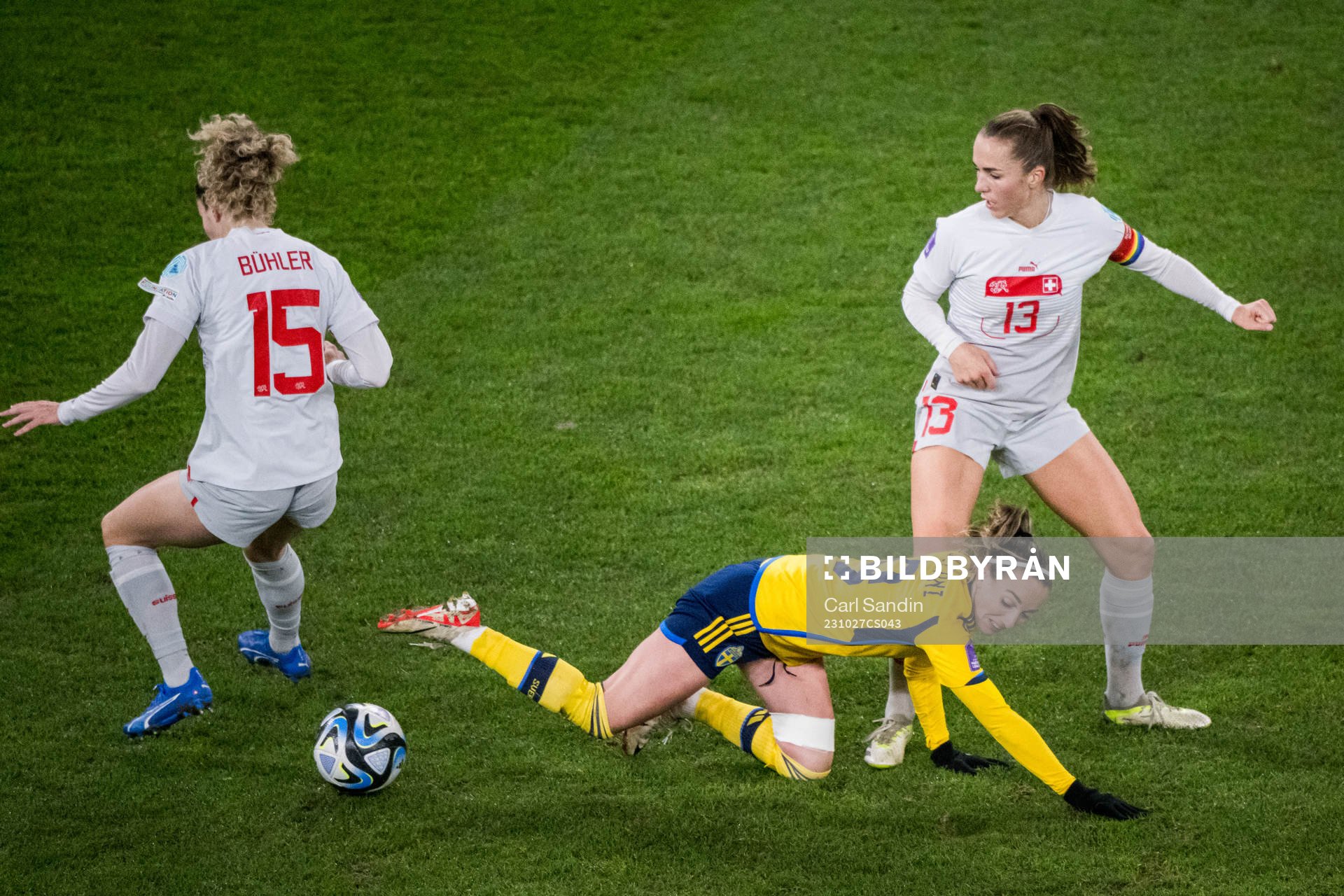 Luana Buhler and Lia Wälti of Sweden and  Kosovare Asllani