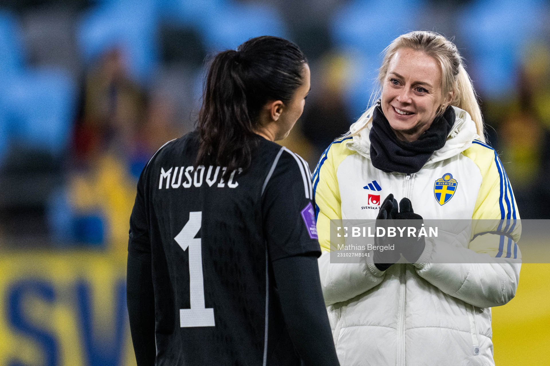 Goalkeeper Zecira Musovic and Amanda Ilestedt of Sweden