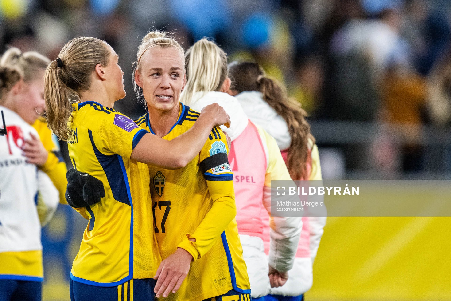 Magdalena Eriksson and Caroline Seger of Sweden celebrate