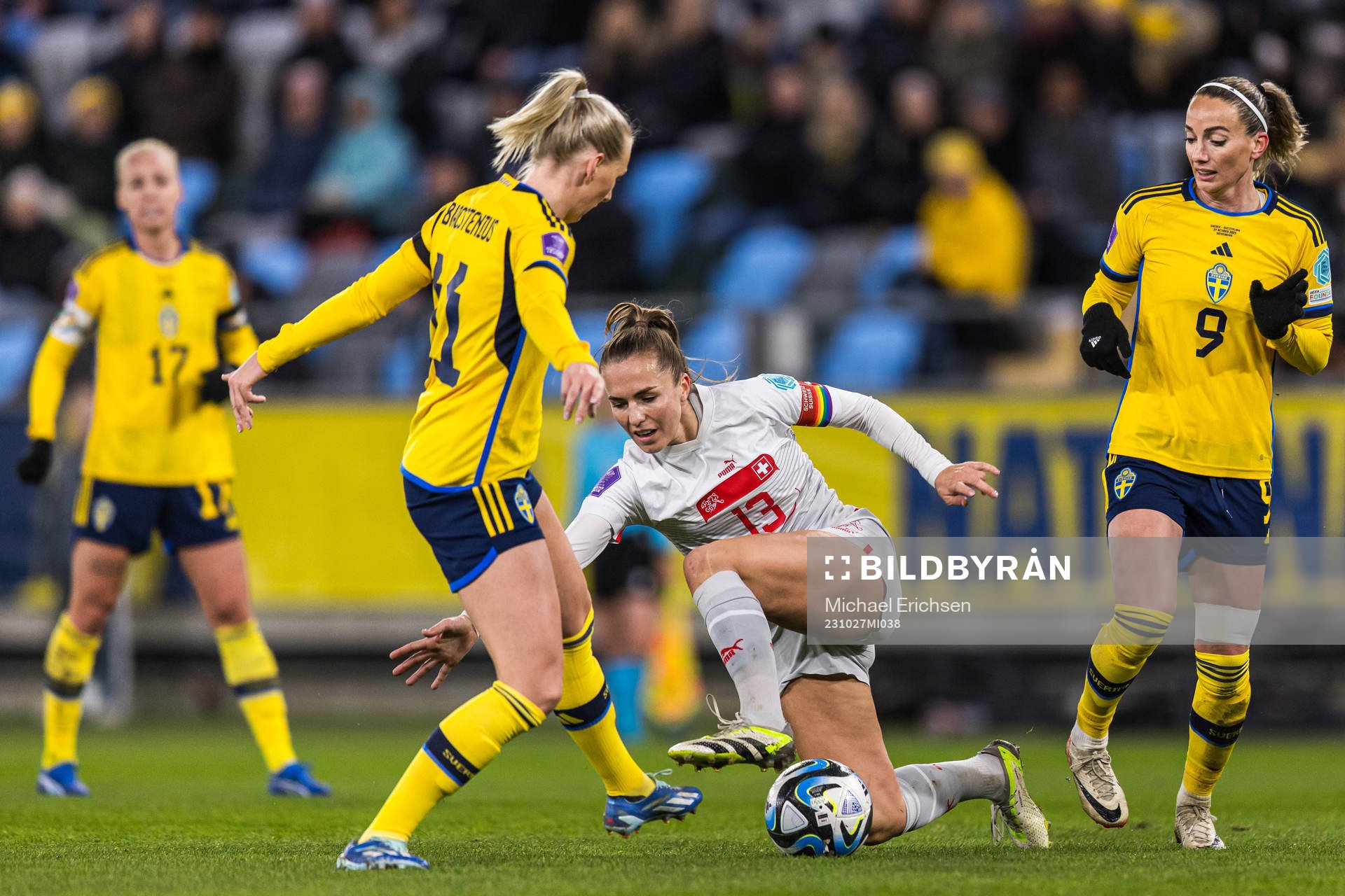 Stina Blackstenius and Kosovare Asllani of Sweden and Lia