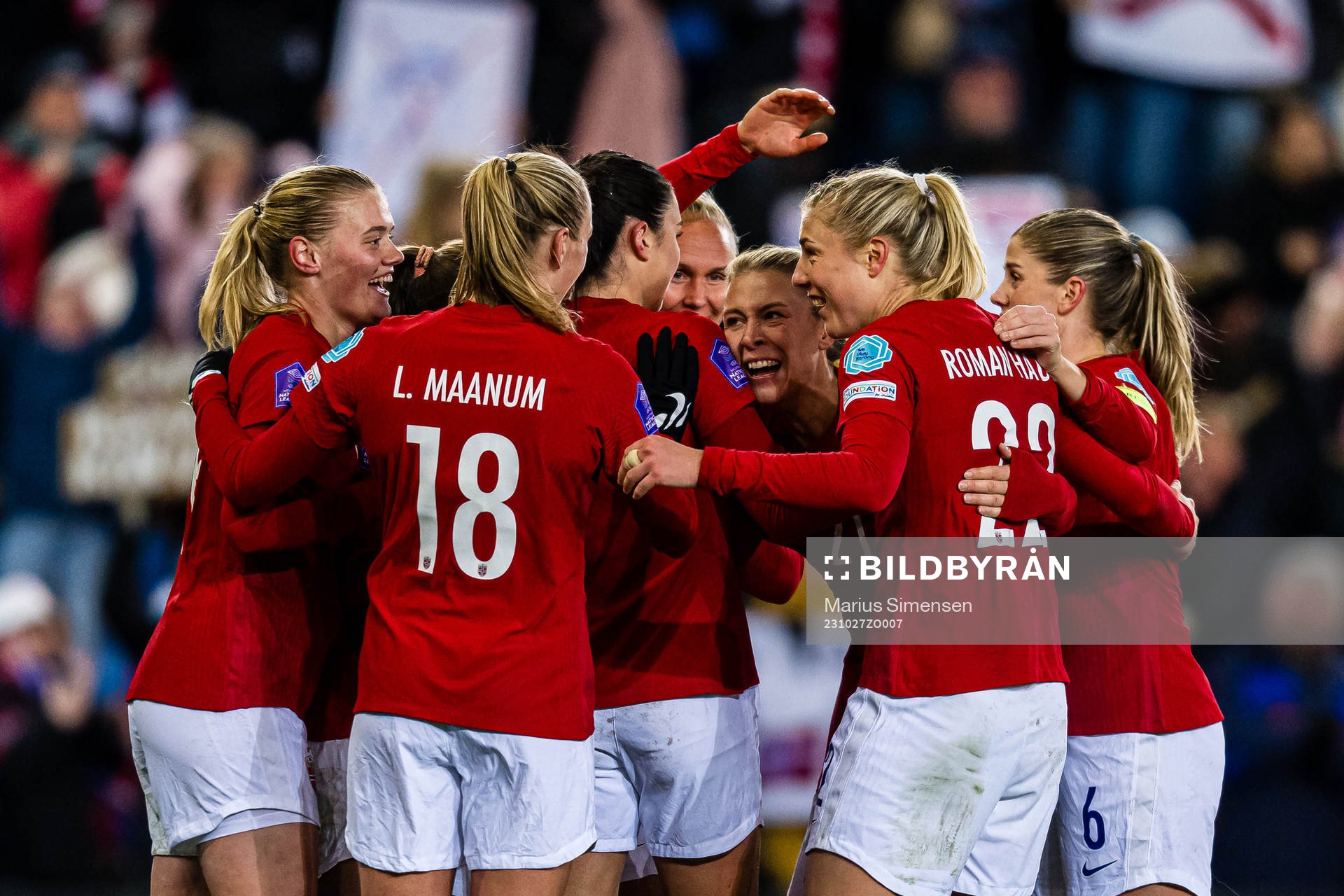 Marit Bratberg Lund of Norway celebrates after scoring the 1-1 goal during the UEFA Women’s Nations League football match between Norway and France on October 27, 2023 in Oslo.