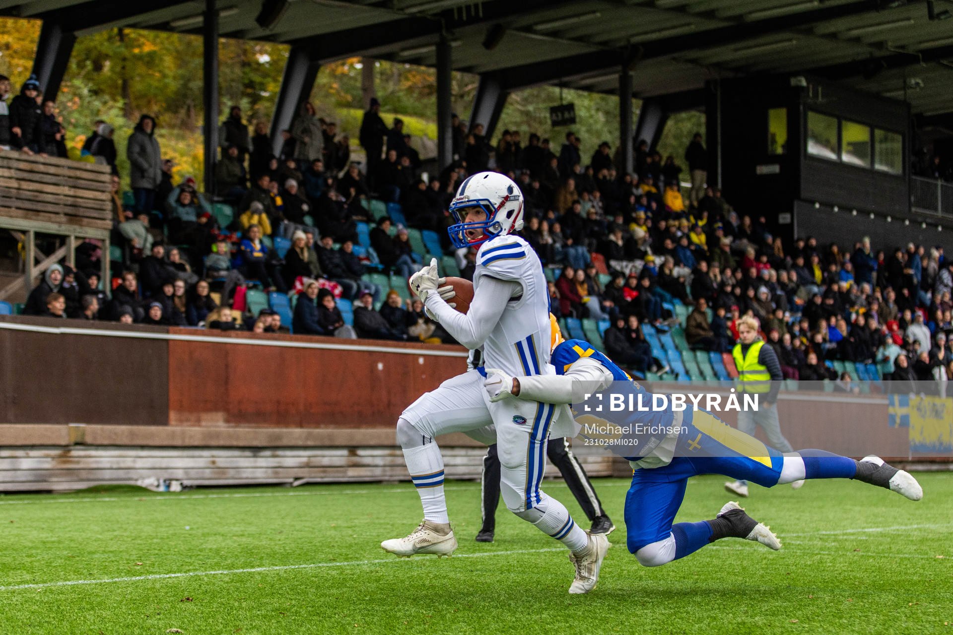 Simone Boni of Italy makes a touch down while competing with Waraphon Prasopsin of Sweden during the IFAF European Championship Bronze Medal Game between Sweden and Italy on October 28, 2023 in Gothenburg.