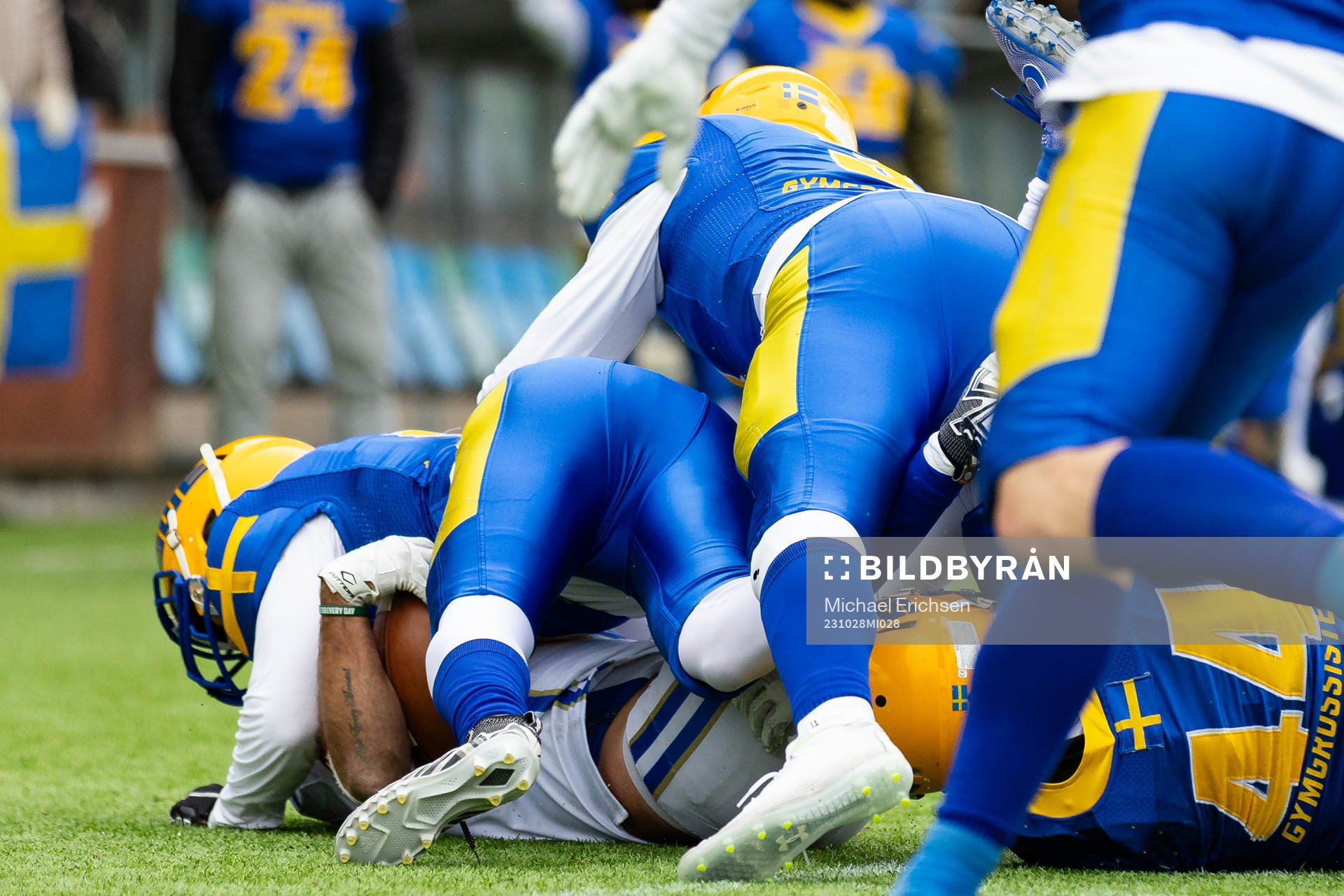 Players of Sweden in defense