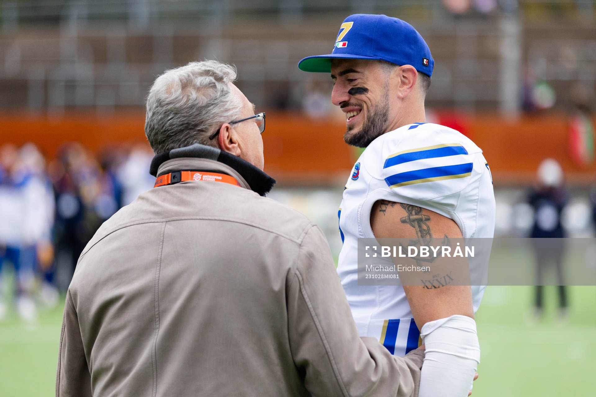 Luke Zarhadka of Italy is awarded as MVP after the IFAF European Championship Bronze Medal Game between Sweden and Italy on October 28, 2023 in Gothenburg.