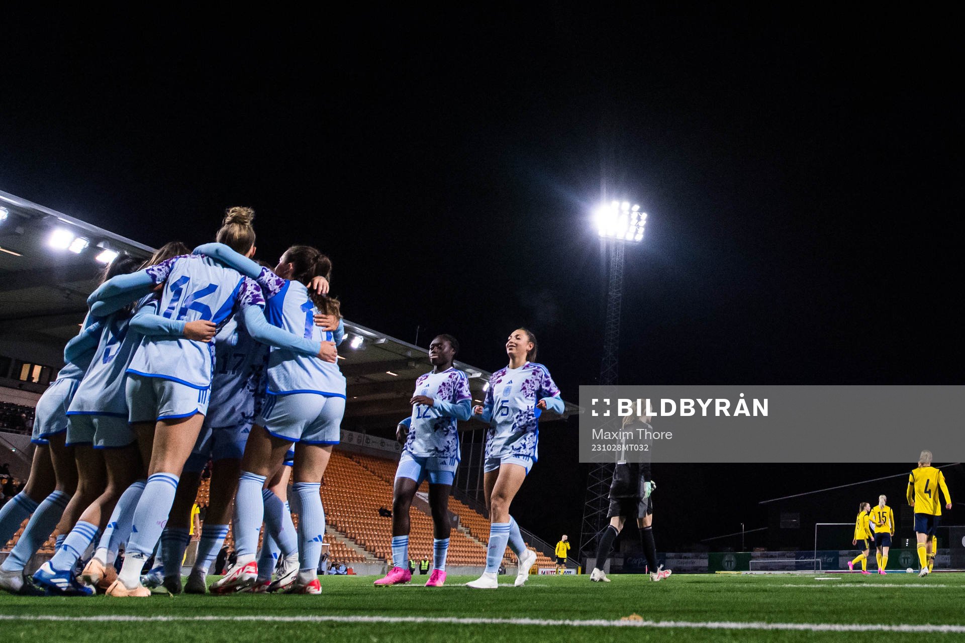 Players of Spain celebrate the 2-0 goal during the UEFA Women's under-19 Euro Qualifier football match between Spain and Sweden on October 28, 2023 in Västerås.