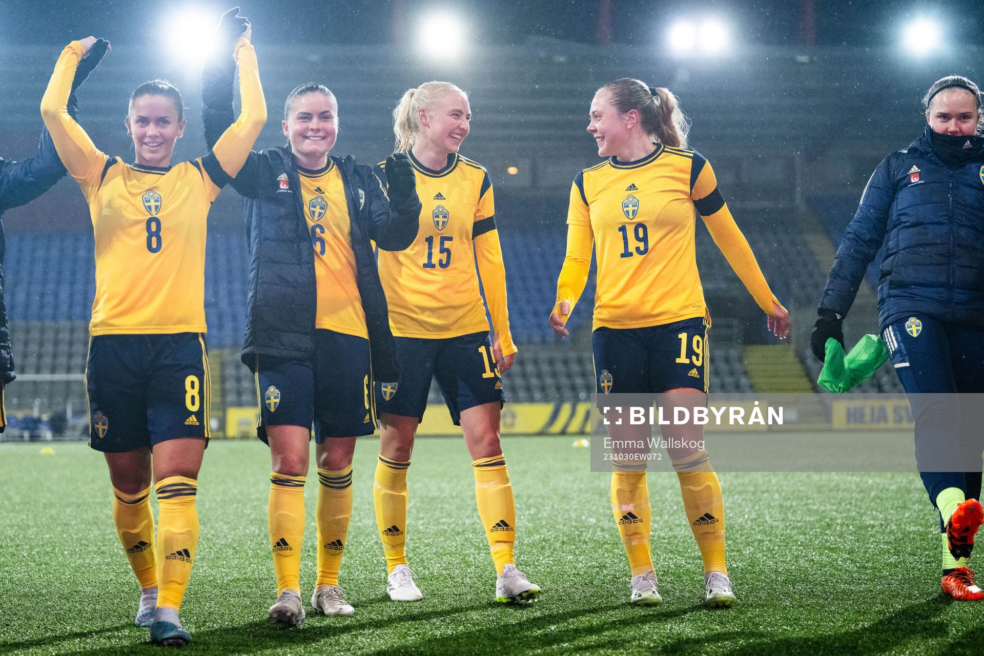 Johanna Renmark, Hanna Wijk, Stinalisa Johansson and Alice Bergström of Sweden celebrate after the under-23 international friendly football match between Sweden and France on October 30, 2023 in Eskilstuna.