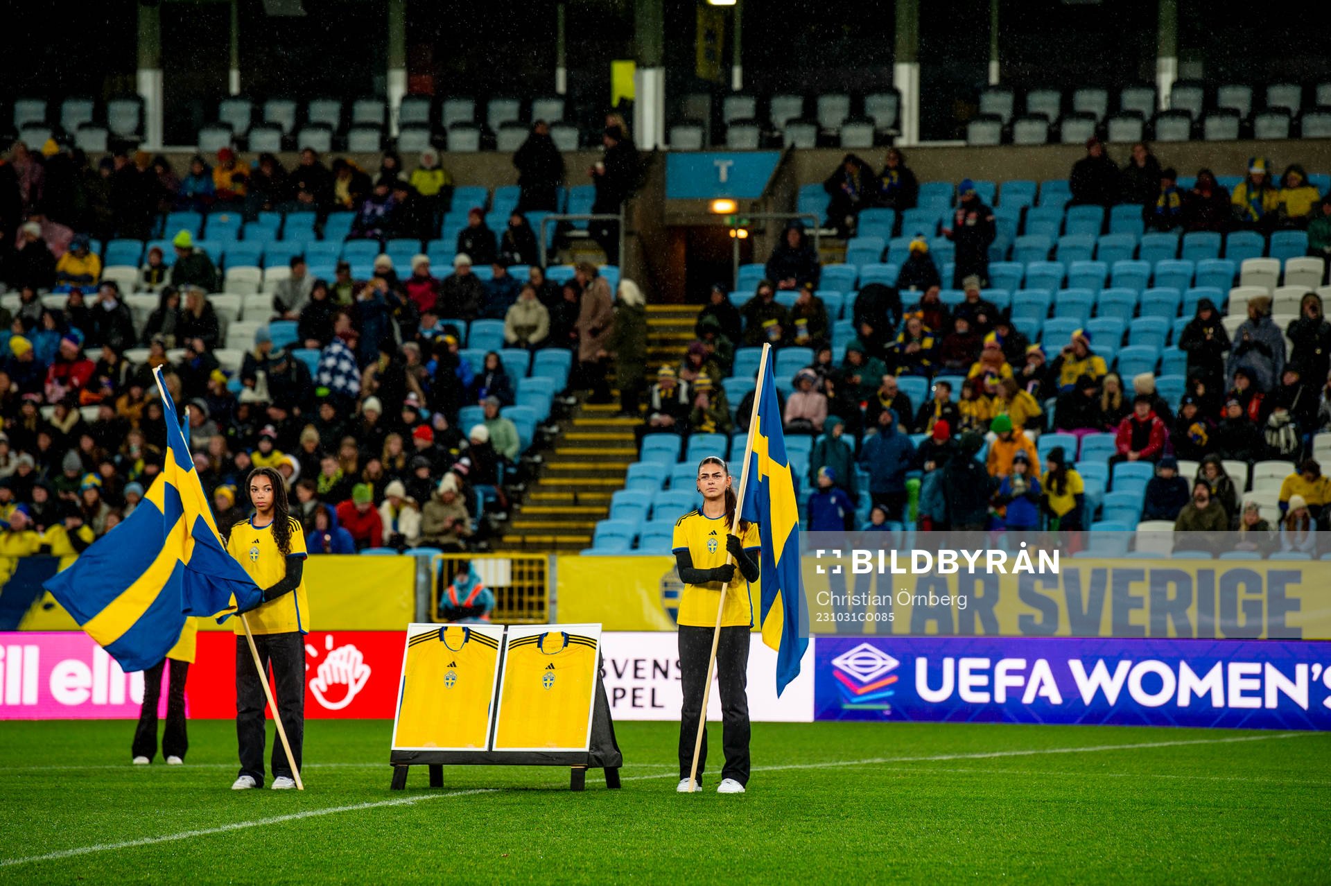 Two shirts in honor of the two supporters of Sweden who were killed in relation to the men’s Euro qualifier between Belgium and Sweden ahead the UEFA Women's Nations League football match between Sweden and Italy on October 31, 2023 in Malmö.