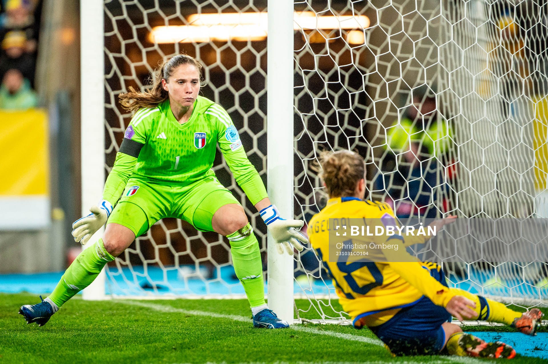 Filippa Angeldahl of Sweden and goalkeeper Laura Giuliani