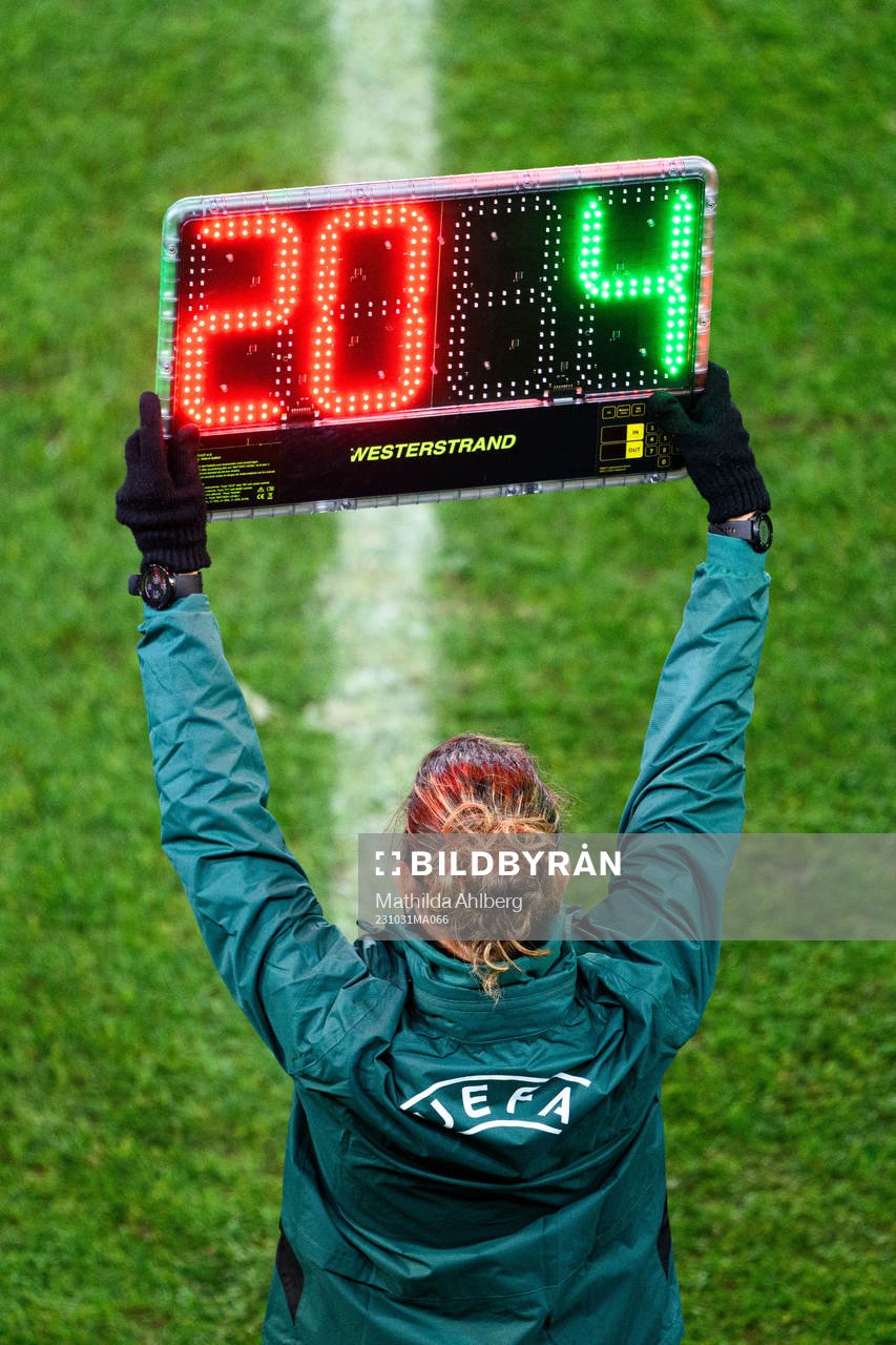 Fourth Official Emeline Rochebiliere with substitution board during the UEFA Women's Nations League football match between Sweden and Italy on October 31, 2023 in Malmö.