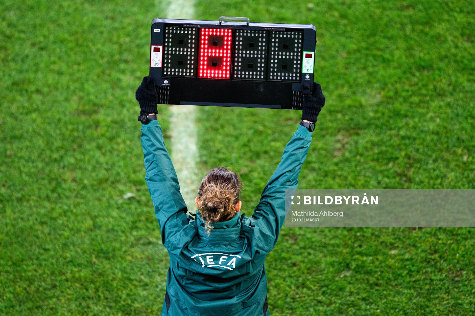 Fourth Official Emeline Rochebiliere with substitution board during the UEFA Women's Nations League football match between Sweden and Italy on October 31, 2023 in Malmö.