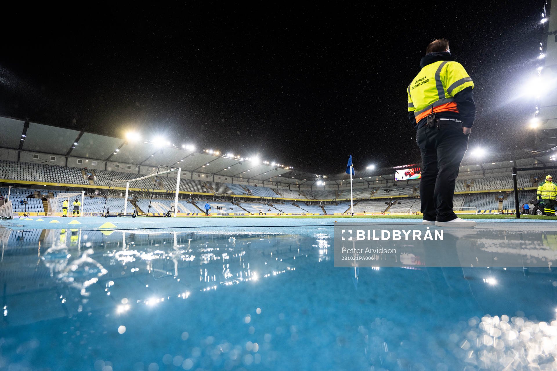 Water around the pitch ahead of the UEFA Women's Nations League football match between Sweden and Italy on October 31, 2023 in Malmö. 