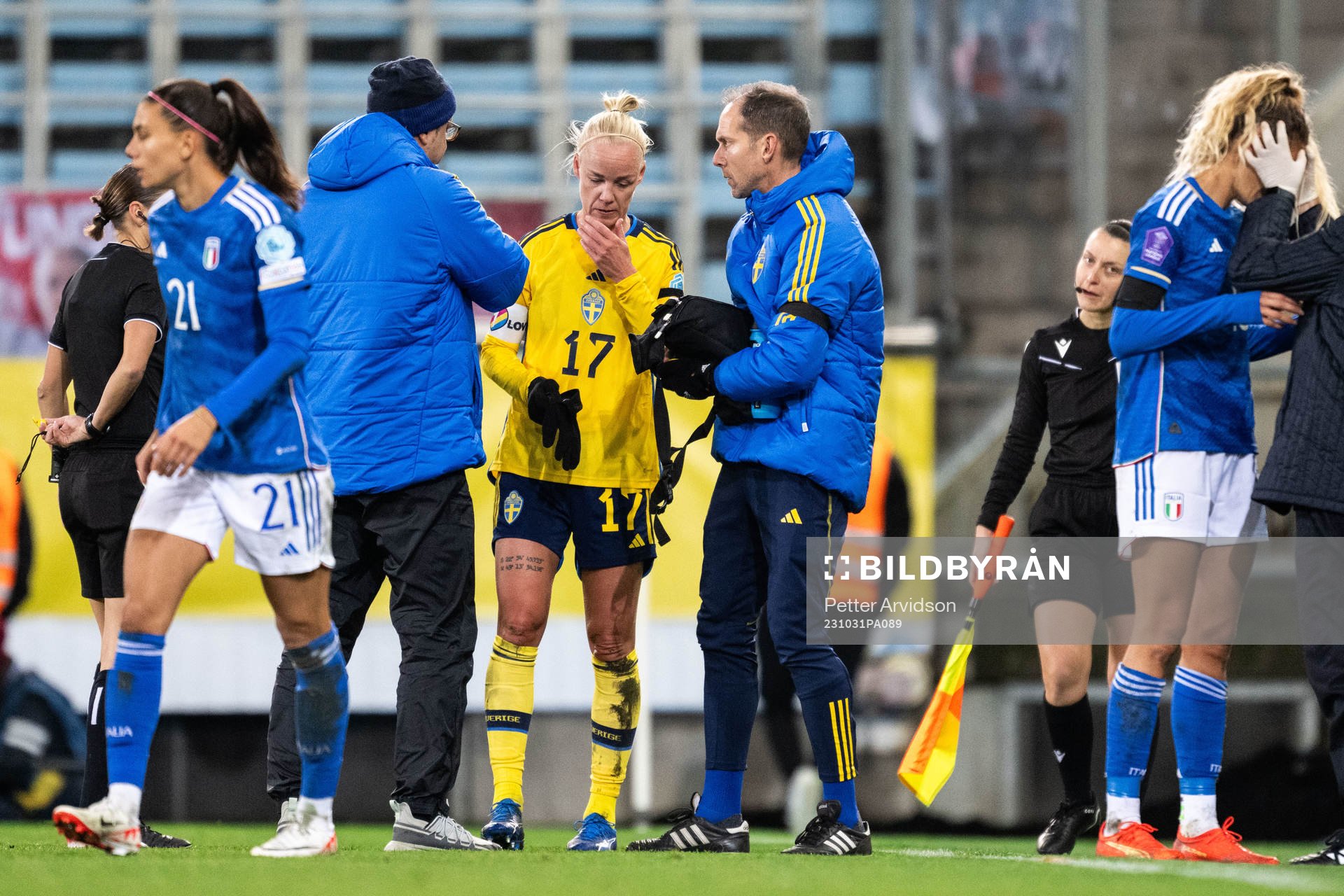 Caroline Seger of Sweden receives medical attention