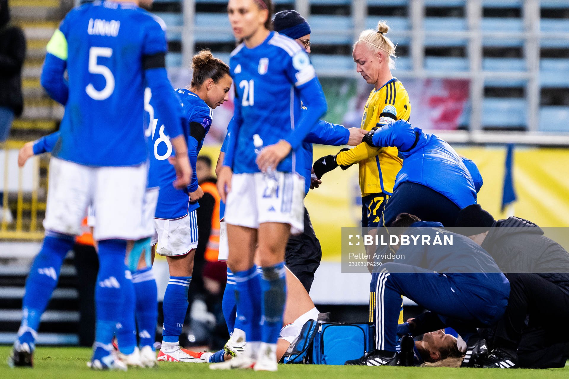Caroline Seger of Sweden receives medical attention