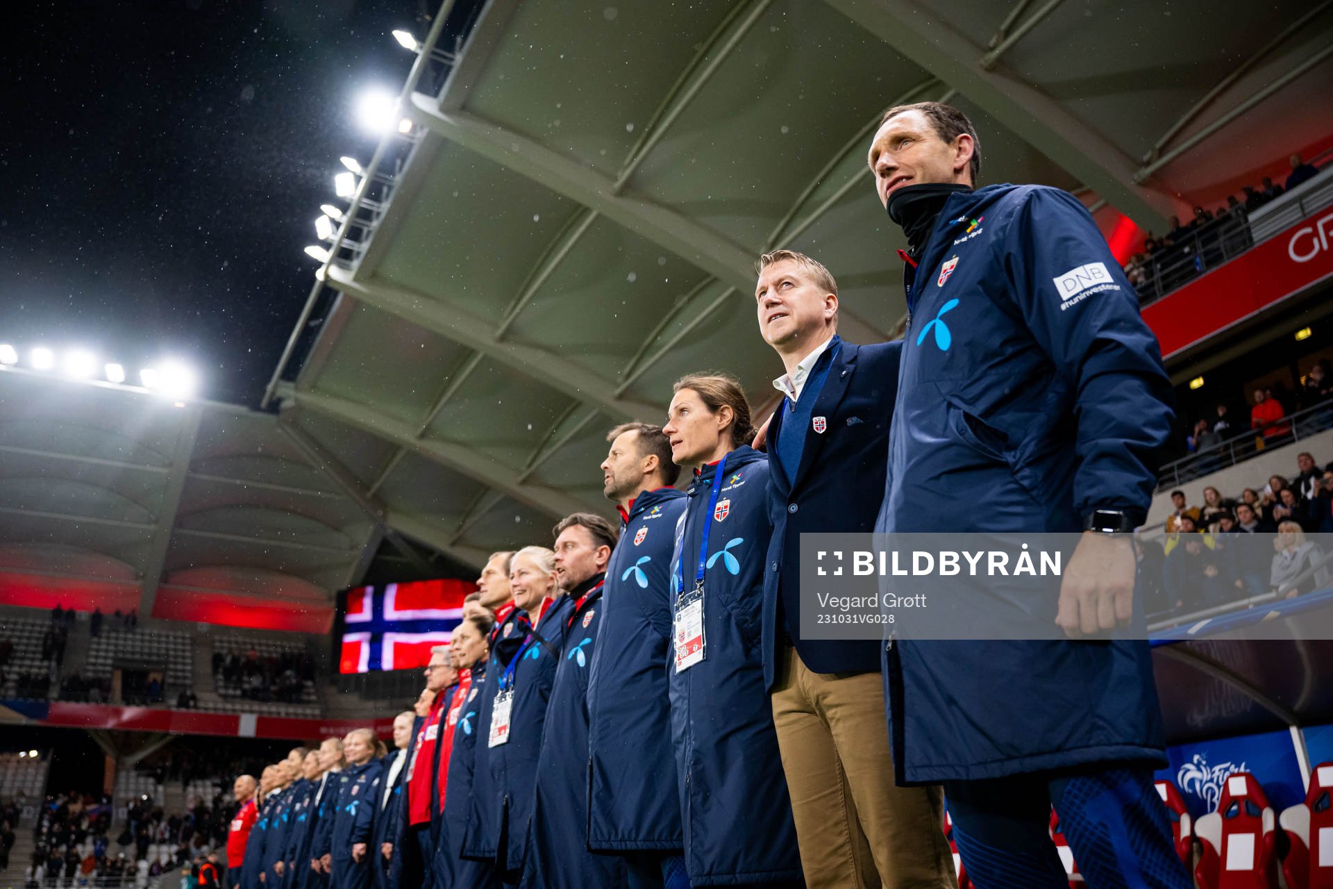 Coach Bård Homstøl, goalkeeper coach Jon Knudsen, assistant coach Ingvild Stensland, head coach Leif Gunnar Smerud and assistant coach Terje Skjeldestad of Norway ahead of the UEFA Women’s Nations League football match between France and Norway on October 31, 2023 in Reims. 
