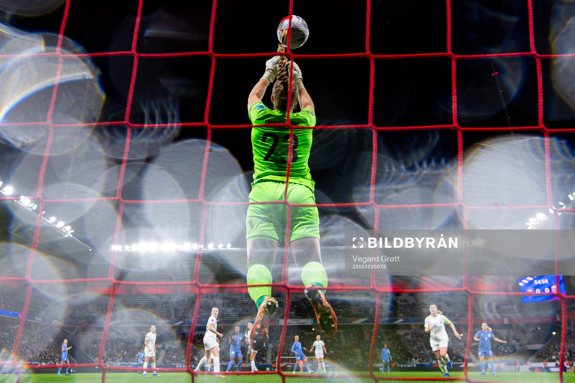 Goalkeeper Aurora Mikalsen of Norway makes a save