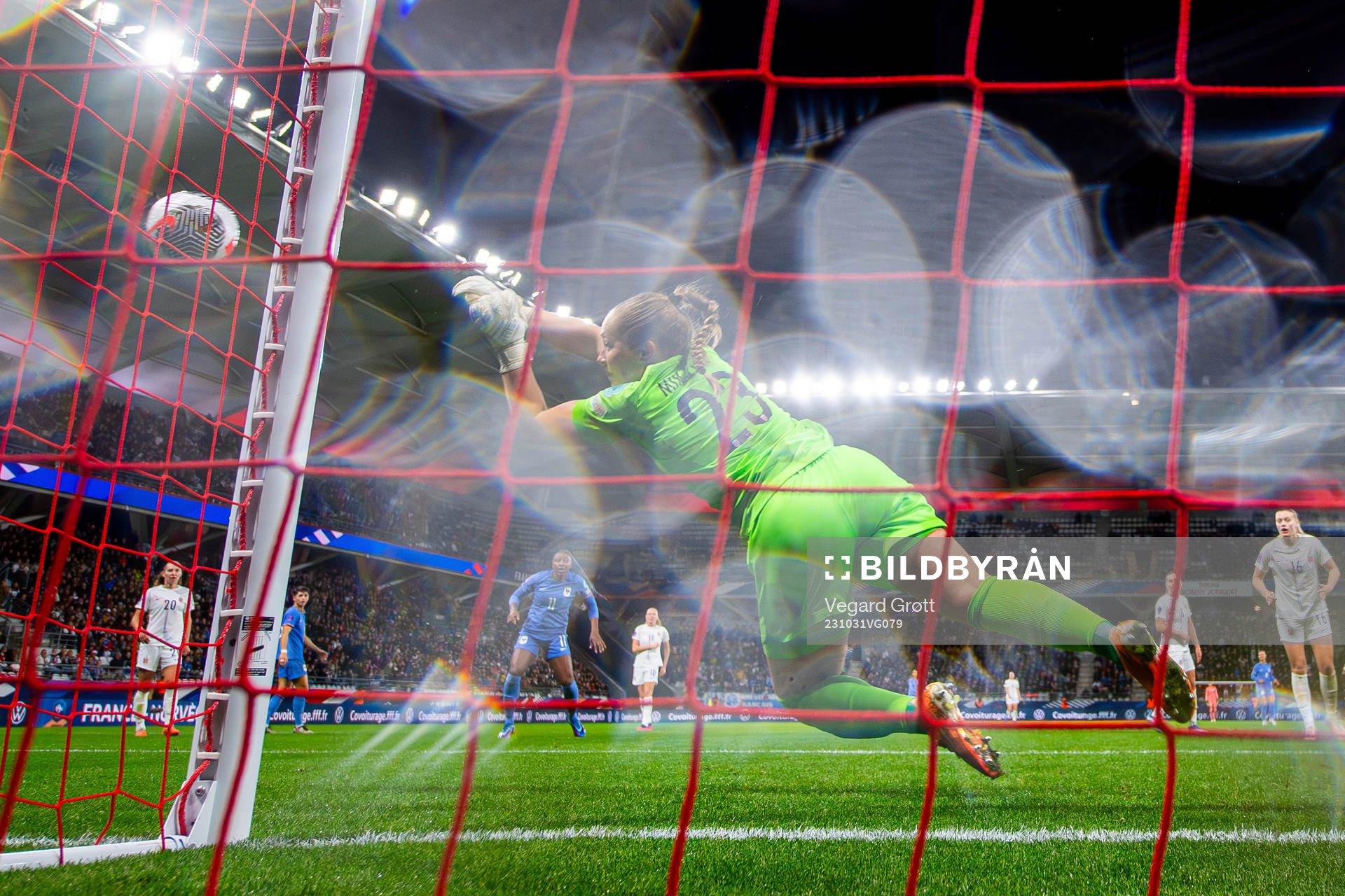Goalkeeper Aurora Mikalsen of Norway makes a save