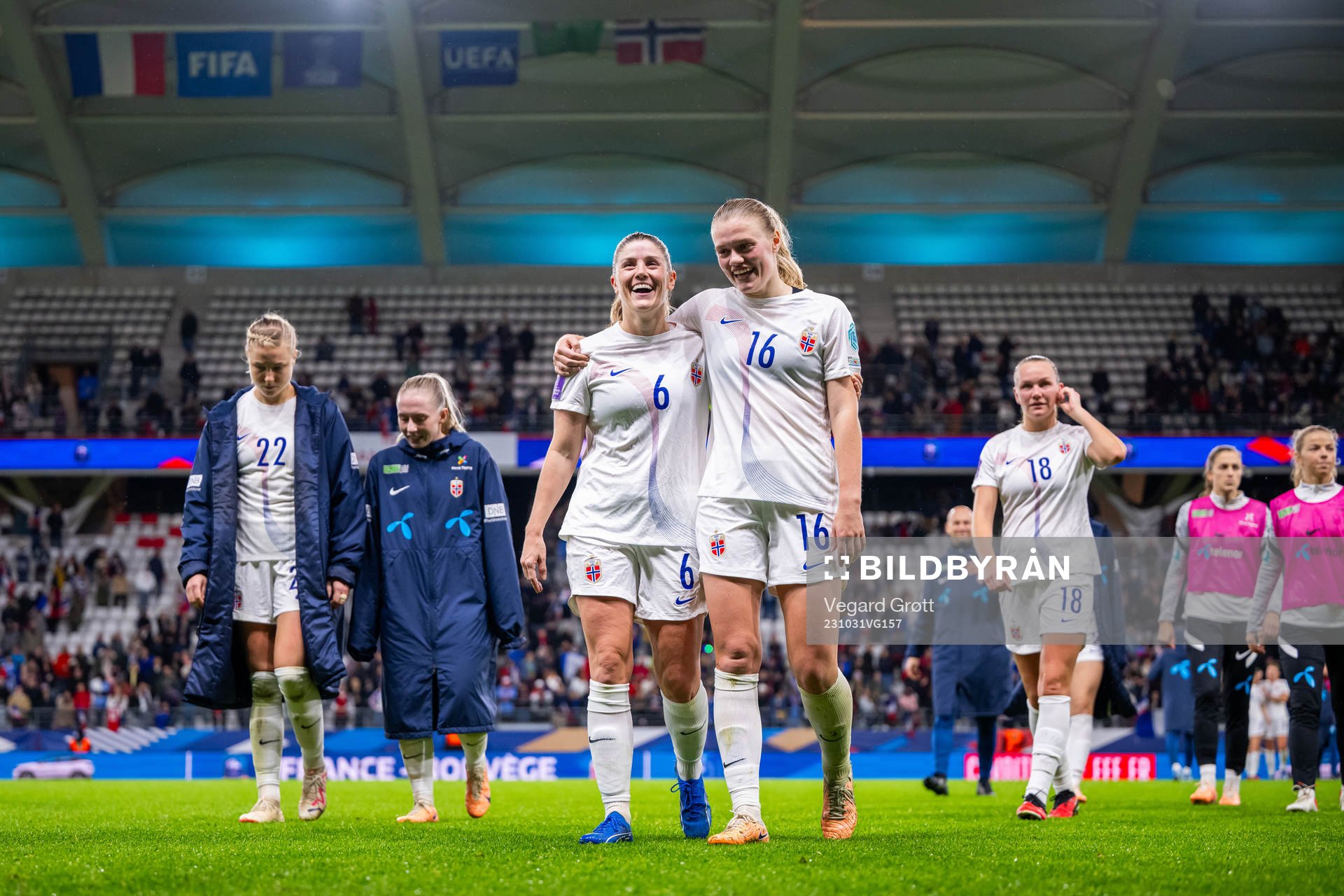 Maren Mjelde and Mathilde Harviken of Norway after the UEFA Women’s Nations League football match between France and Norway on October 31, 2023 in Reims.