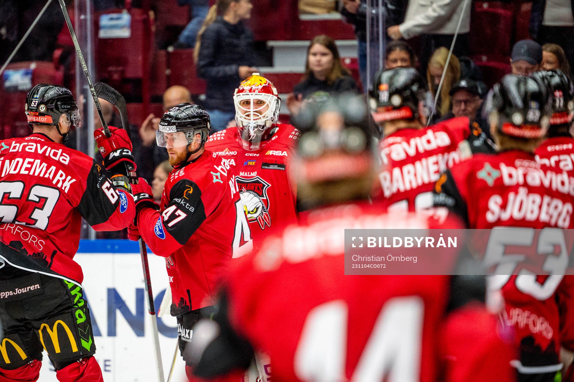 Malmö Redhawks målvakt Adam Werner jublar med