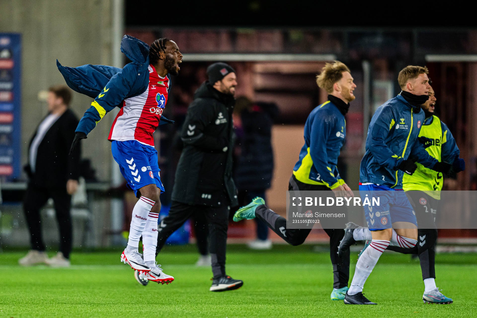 Obilor Denzel Okeke of KFUM celebrates at the final whistle