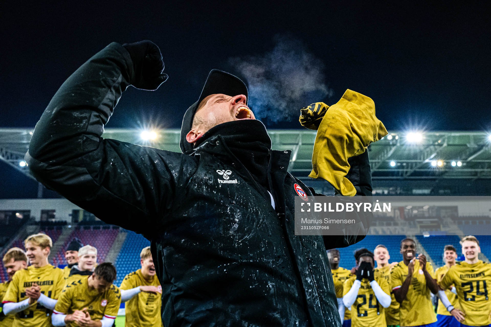 Johannes Moesgaard, head coach of KFUM, celebrates promotion to the Eliteserien after the OBOS-ligaen match between KFUM and Skeid on November 5, 2023 in Oslo.