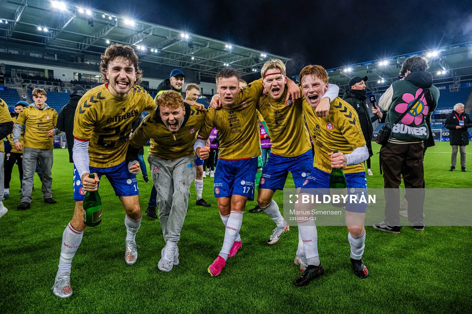 Håkon Helland Hoseth, Teodor Berg Haltvik, goalkeeper Emil Gundelach Ødegaard, Simen Hestnes, Jonas Lange Hjorth of KFUM celebrates promotion to the Eliteserien after the OBOS-ligaen match between KFUM and Skeid on November 5, 2023 in Oslo.