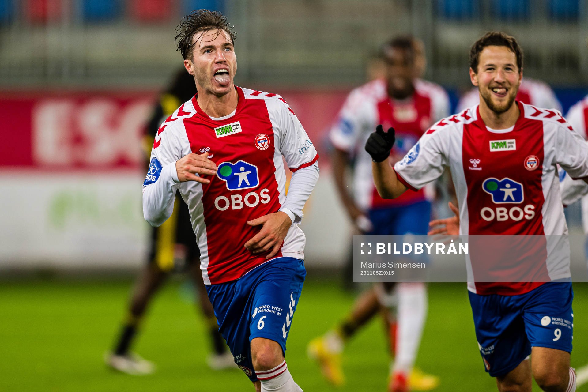 Remi-André Svindland of KFUM celebrates after scoring the 1-0 goal during the OBOS-ligaen match between KFUM and Skeid on November 5, 2023 in Oslo.