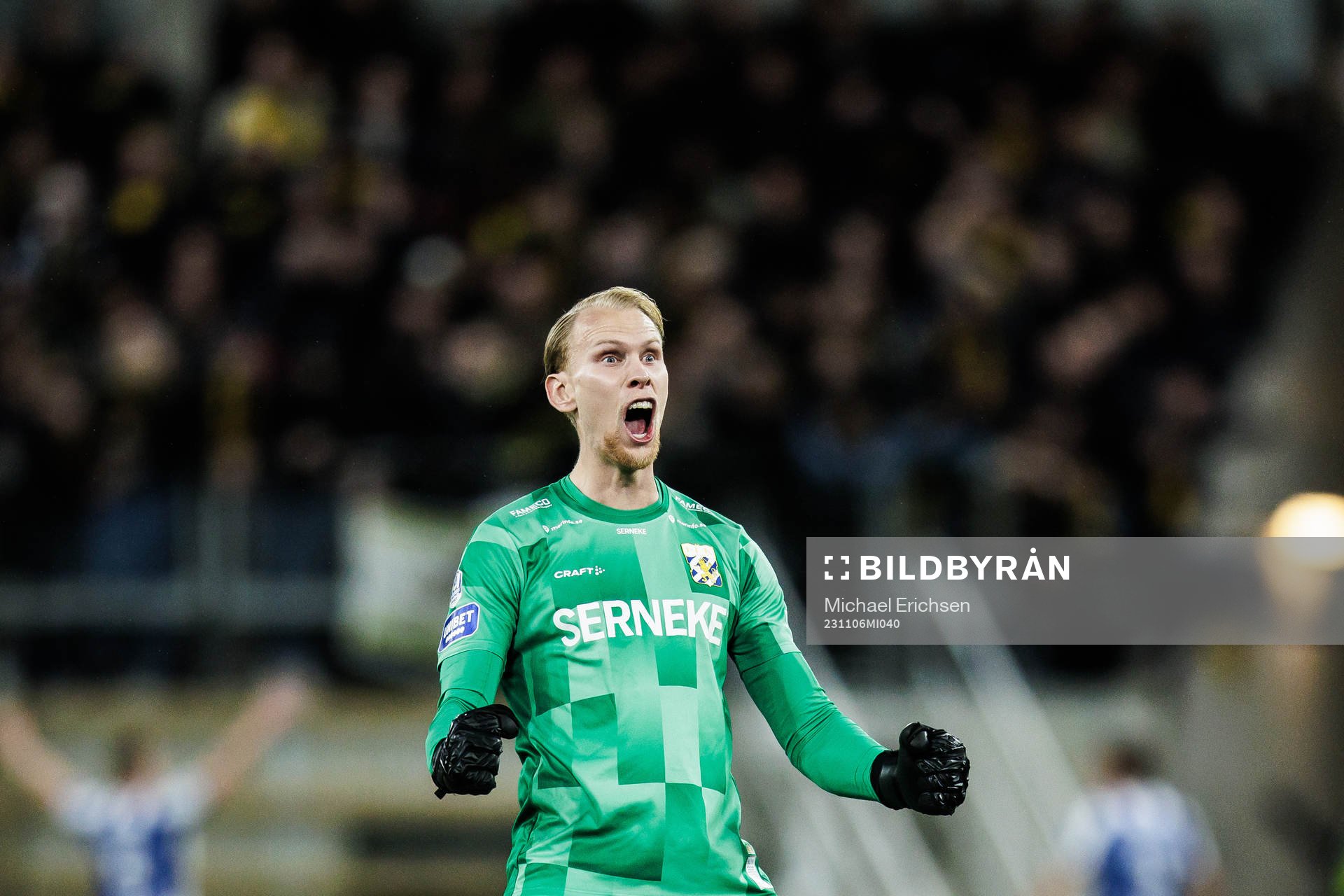 IFK Göteborgs Pontus Dahlberg jublar efter 1-0 under fotbollsmatchen i Allsvenskan mellan IFK Göteborg och AIK den 6 november 2023 i Göteborg.