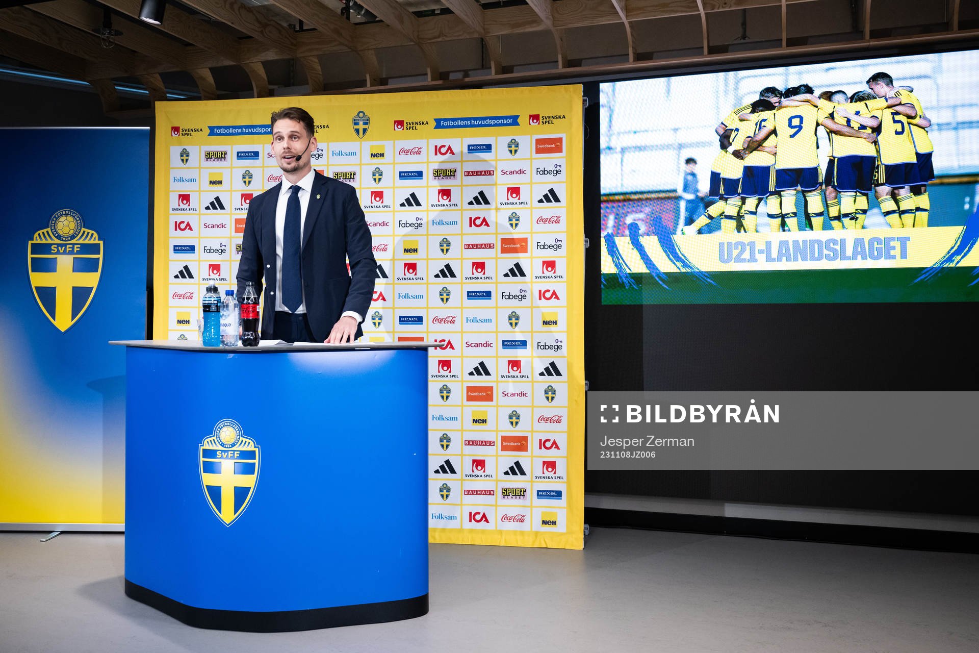 Daniel Bäckström, head coach of the Swedish under-21 national team at a press conference on November 8, 2023 in Stockholm. 