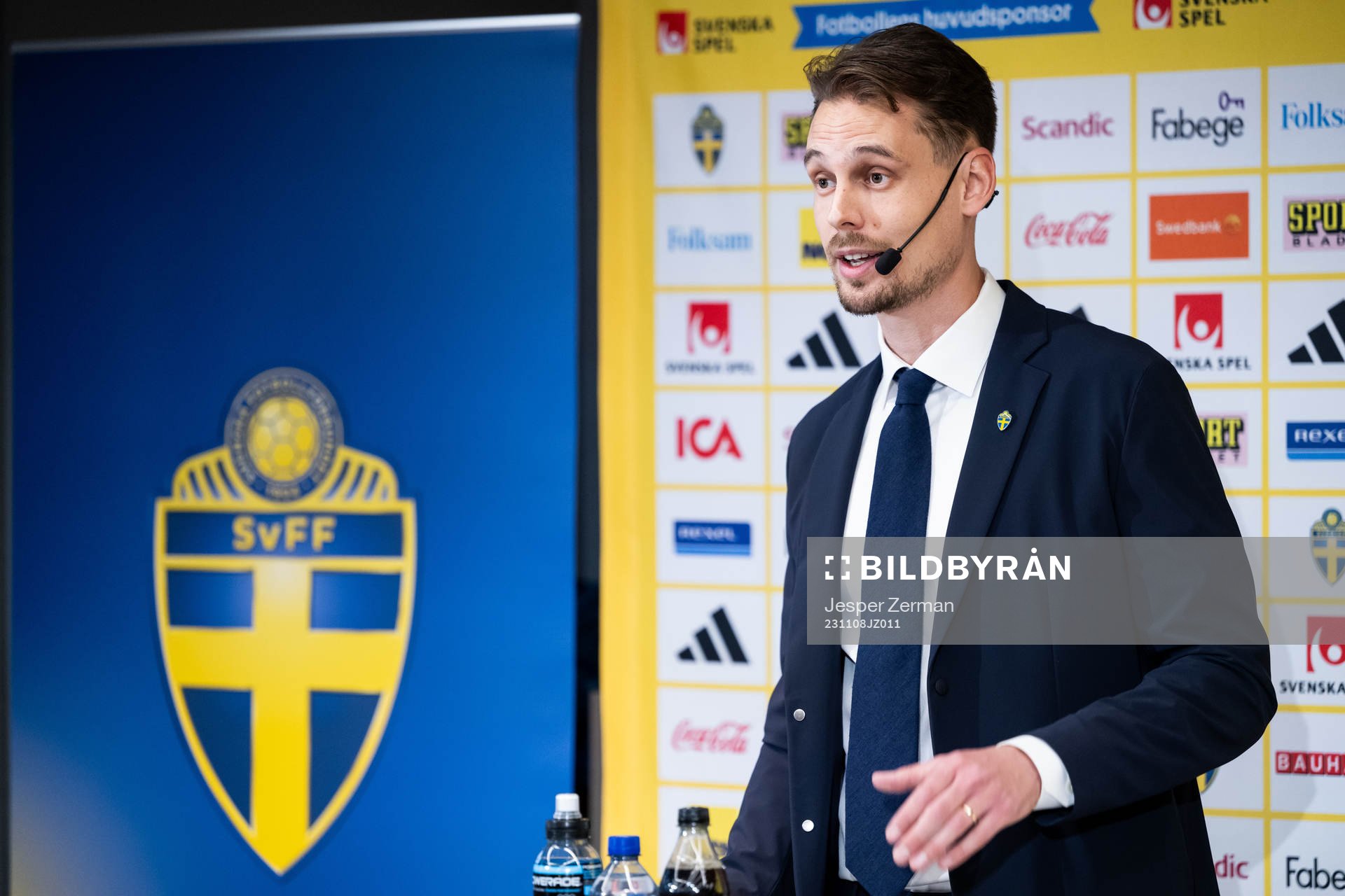 Daniel Bäckström, head coach of the Swedish under-21 national team at a press conference on November 8, 2023 in Stockholm. 