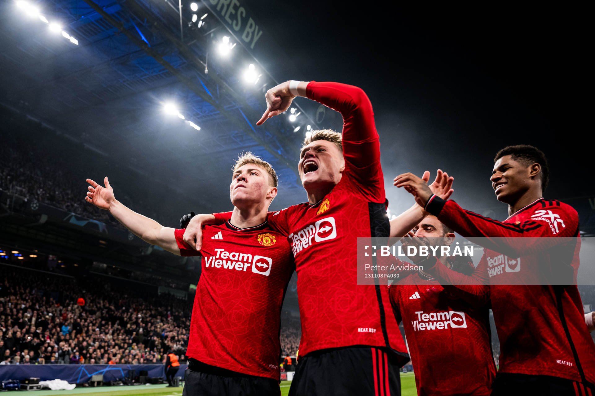 Rasmus Højlund and Scott McTominay of Manchester United celebrates after 0-1 during the UEFA Champions League football match between FC Copenhagen and Manchester United on November 8, 2023 in Copenhagen.