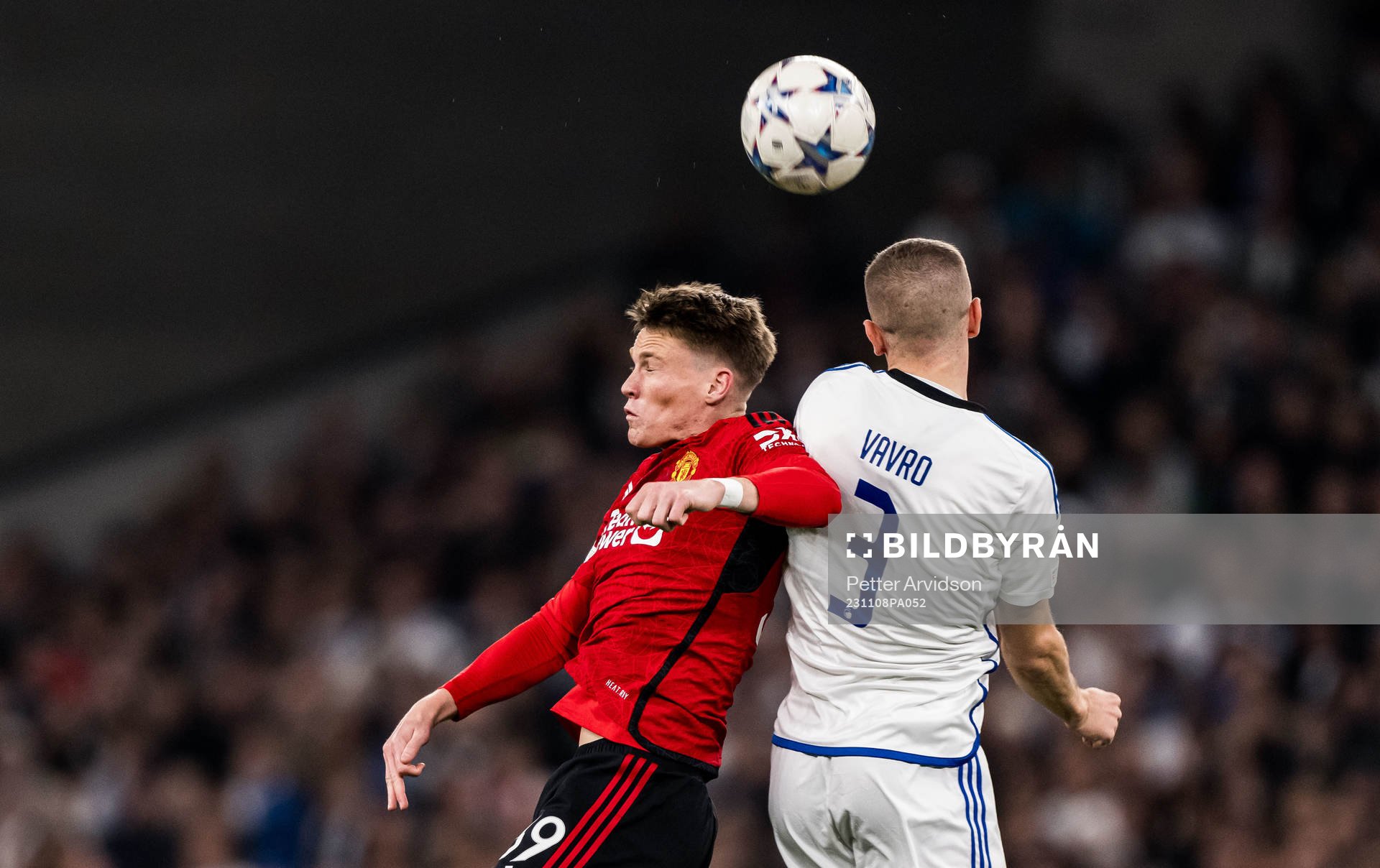 Scott McTominay of Manchester United and Denis Vavro of FC Copenhagen during the UEFA Champions League football match between FC Copenhagen and Manchester United on November 8, 2023 in Copenhagen.