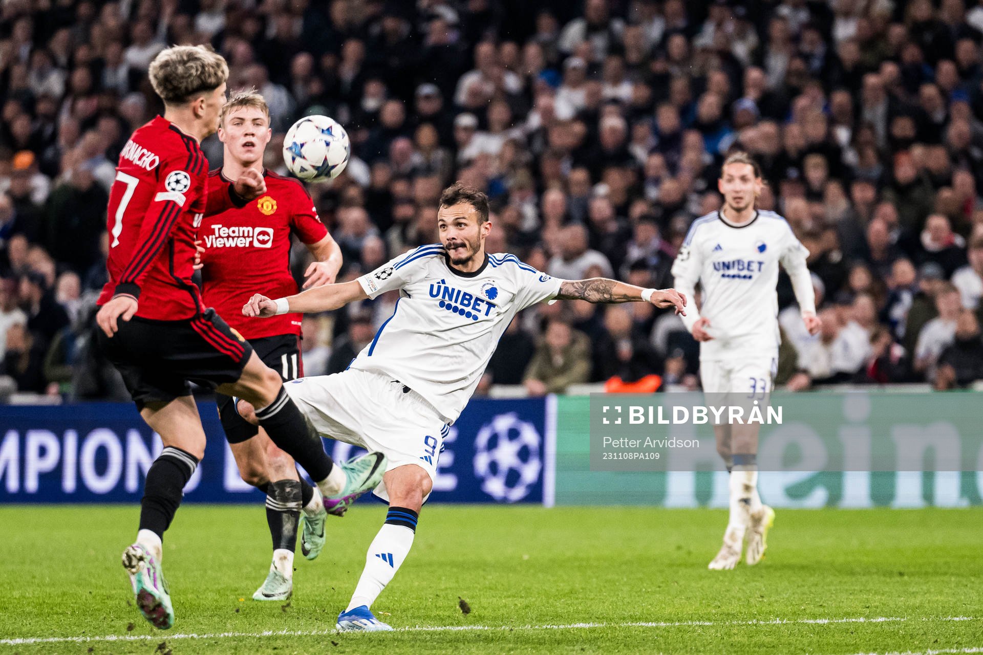 Diogo Goncalves of FC Copenhagen during the UEFA Champions League football match between FC Copenhagen and Manchester United on November 8, 2023 in Copenhagen.