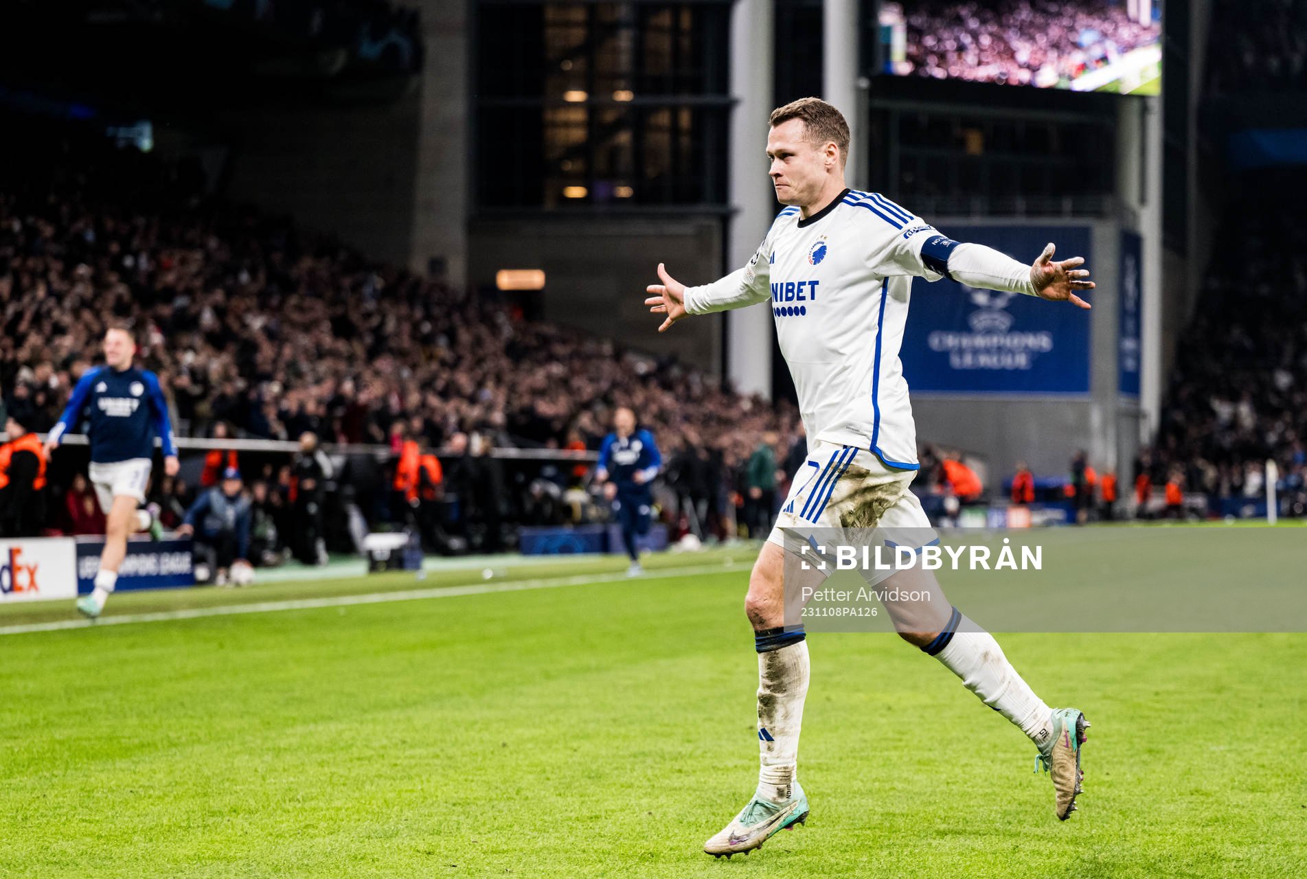 Viktor Claesson of FC Copenhagen celebrates during the 4-3 goal during the UEFA Champions League football match between FC Copenhagen and Manchester United on November 8, 2023 in Copenhagen.