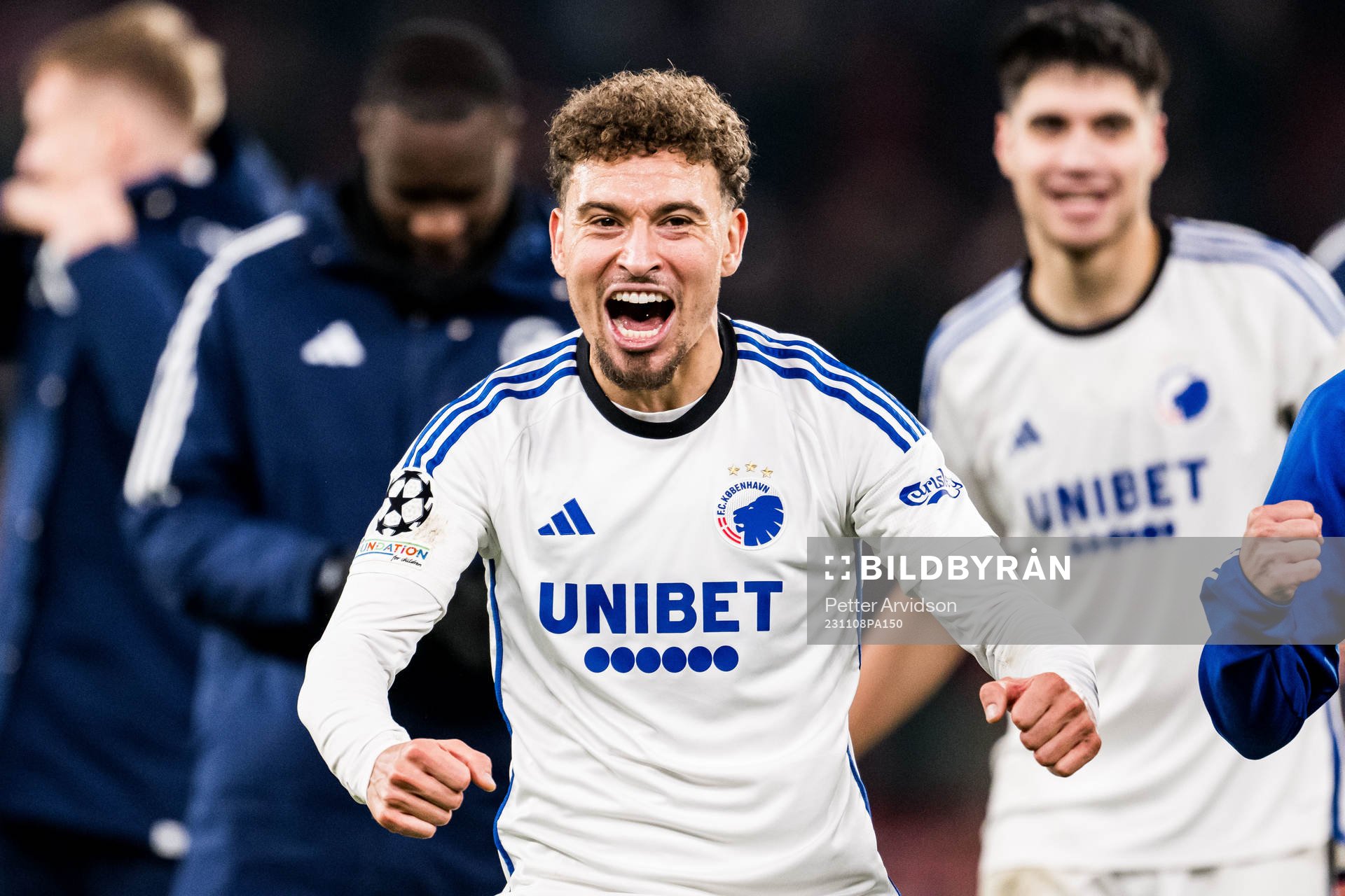 Jordan Larsson of FC Copenhagen celebrates after the UEFA Champions League football match between FC Copenhagen and Manchester United on November 8, 2023 in Copenhagen.