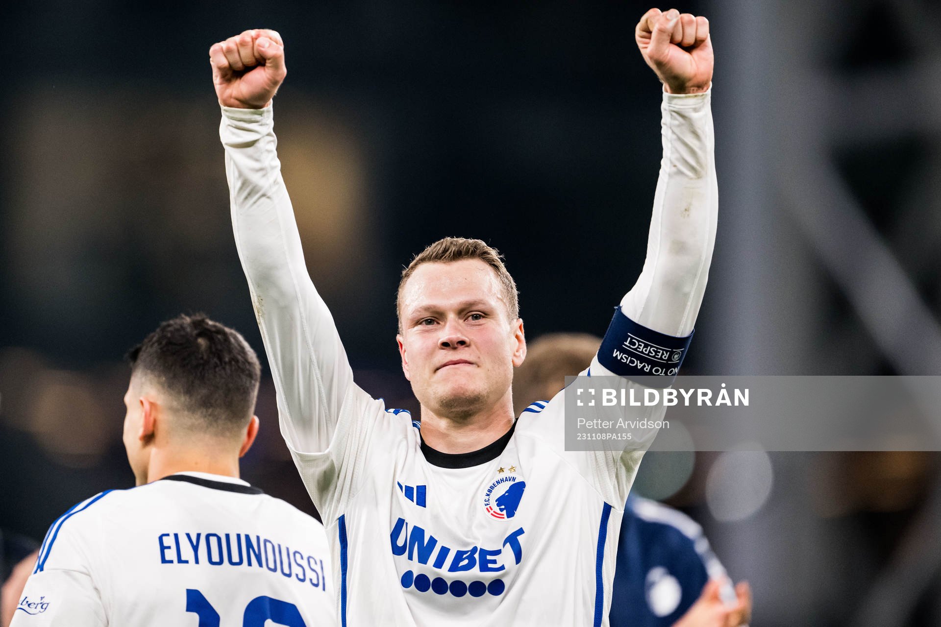 Viktor Claesson of FC Copenhagen celebrates after the UEFA Champions League football match between FC Copenhagen and Manchester United on November 8, 2023 in Copenhagen.