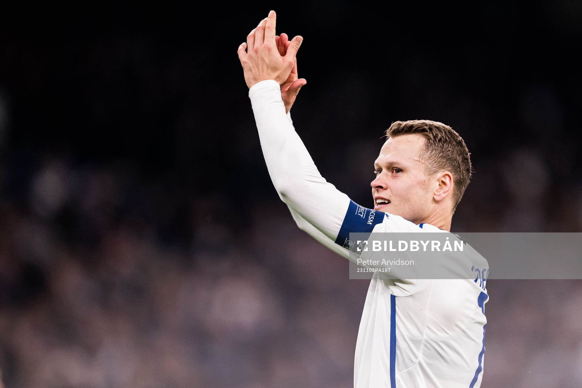 Viktor Claesson of FC Copenhagen celebrates after the UEFA Champions League football match between FC Copenhagen and Manchester United on November 8, 2023 in Copenhagen.